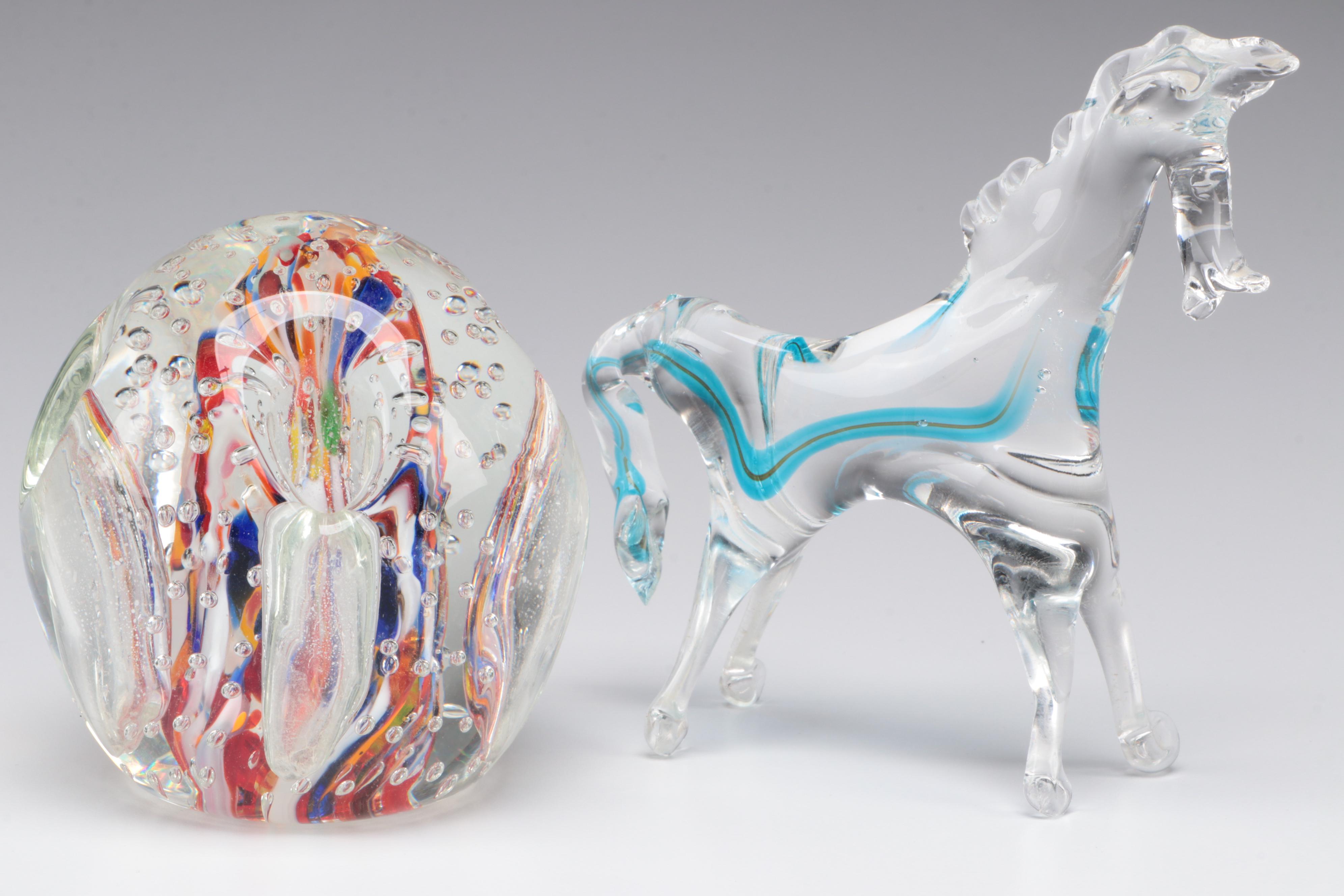 Suspended Bubble Glass Paperweight and Art Glass Horse Figurine