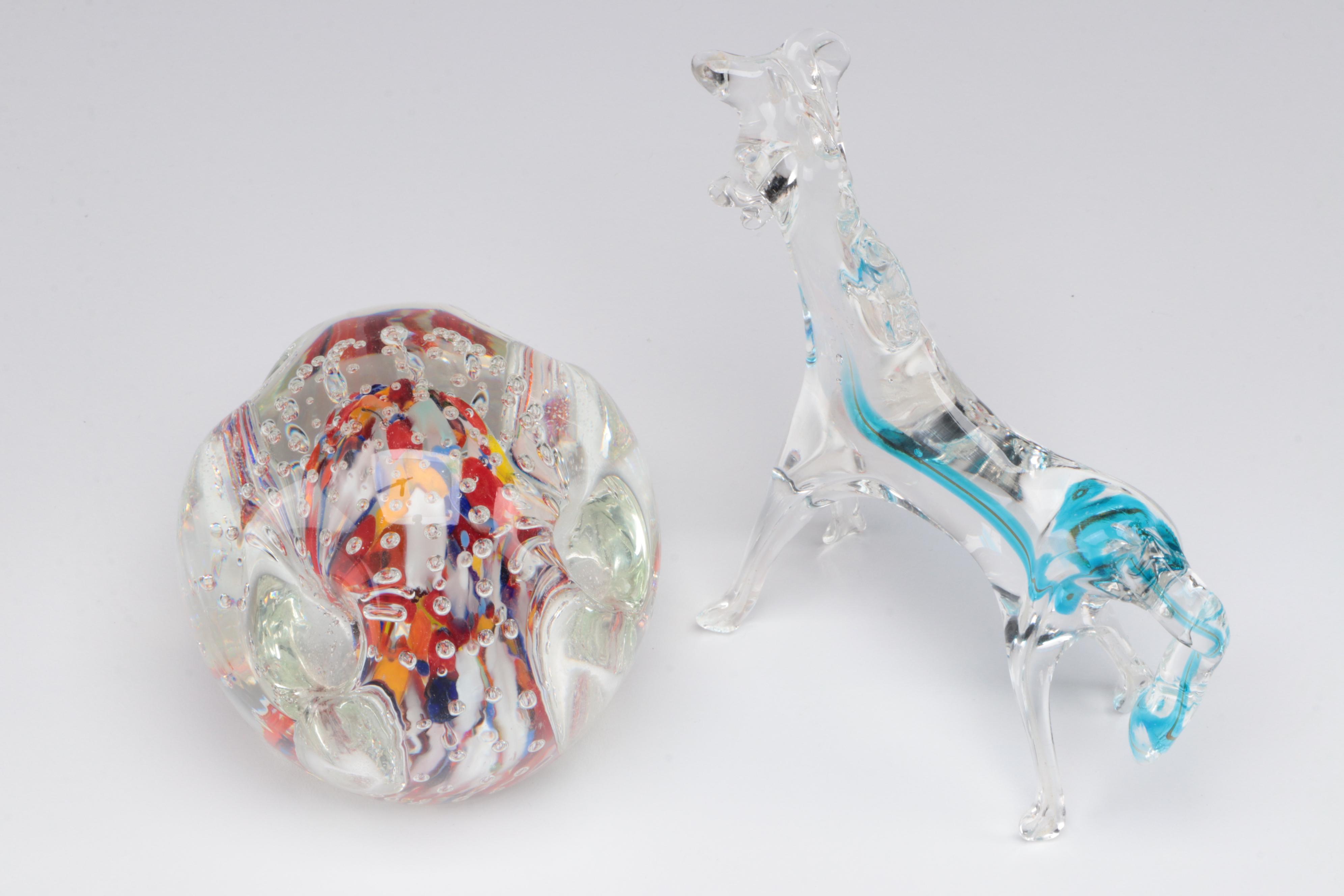 Suspended Bubble Glass Paperweight and Art Glass Horse Figurine