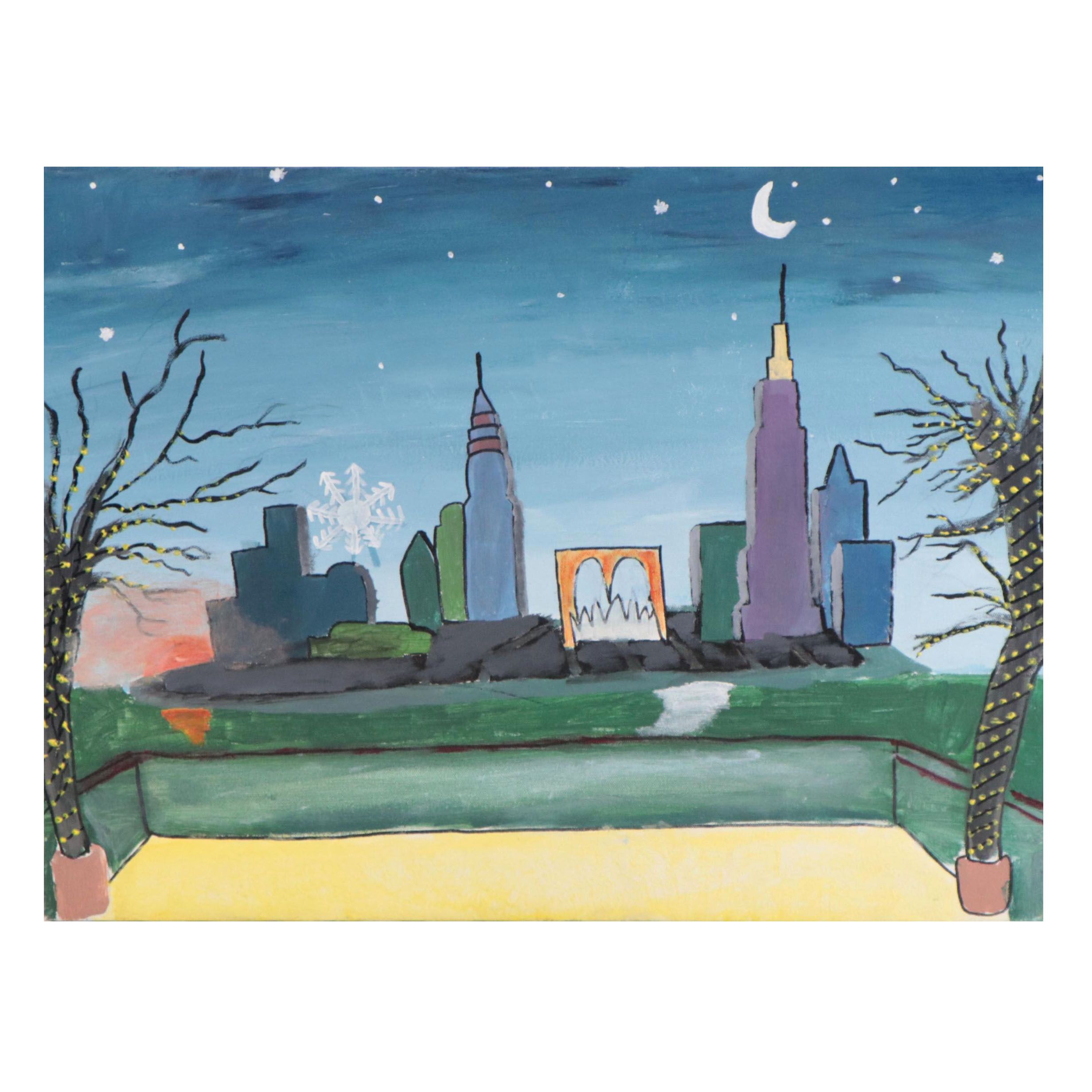 Acrylic Painting of Nighttime City Skyline