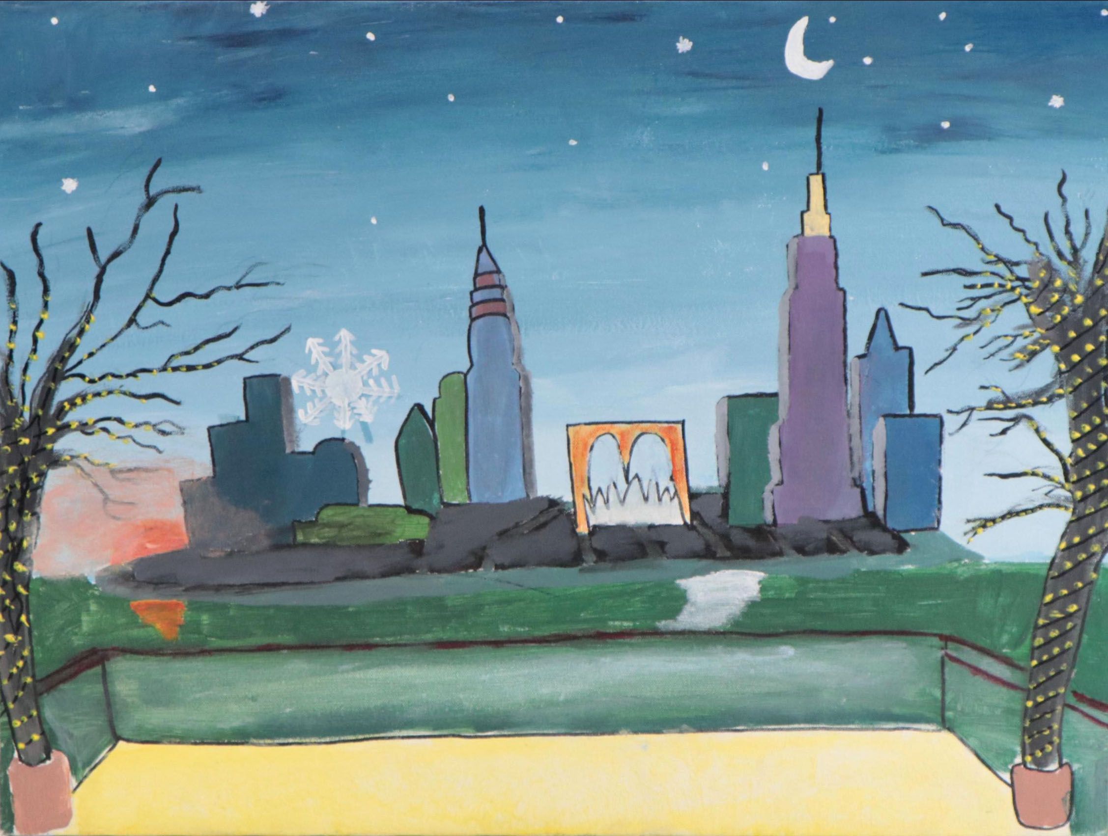 Acrylic Painting of Nighttime City Skyline