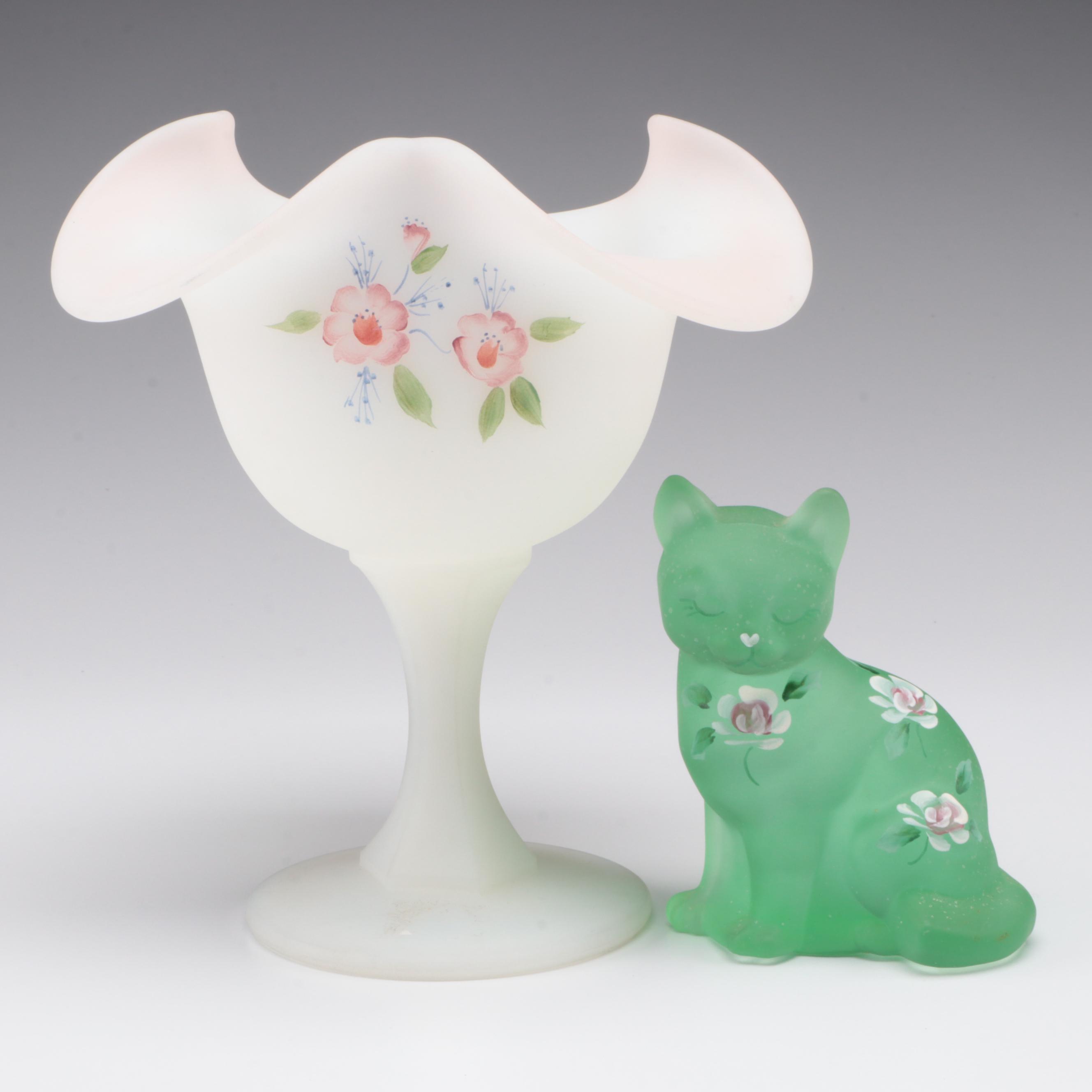 Fenton Hand-Painted Frosted Glass Compote and Cat Figurine