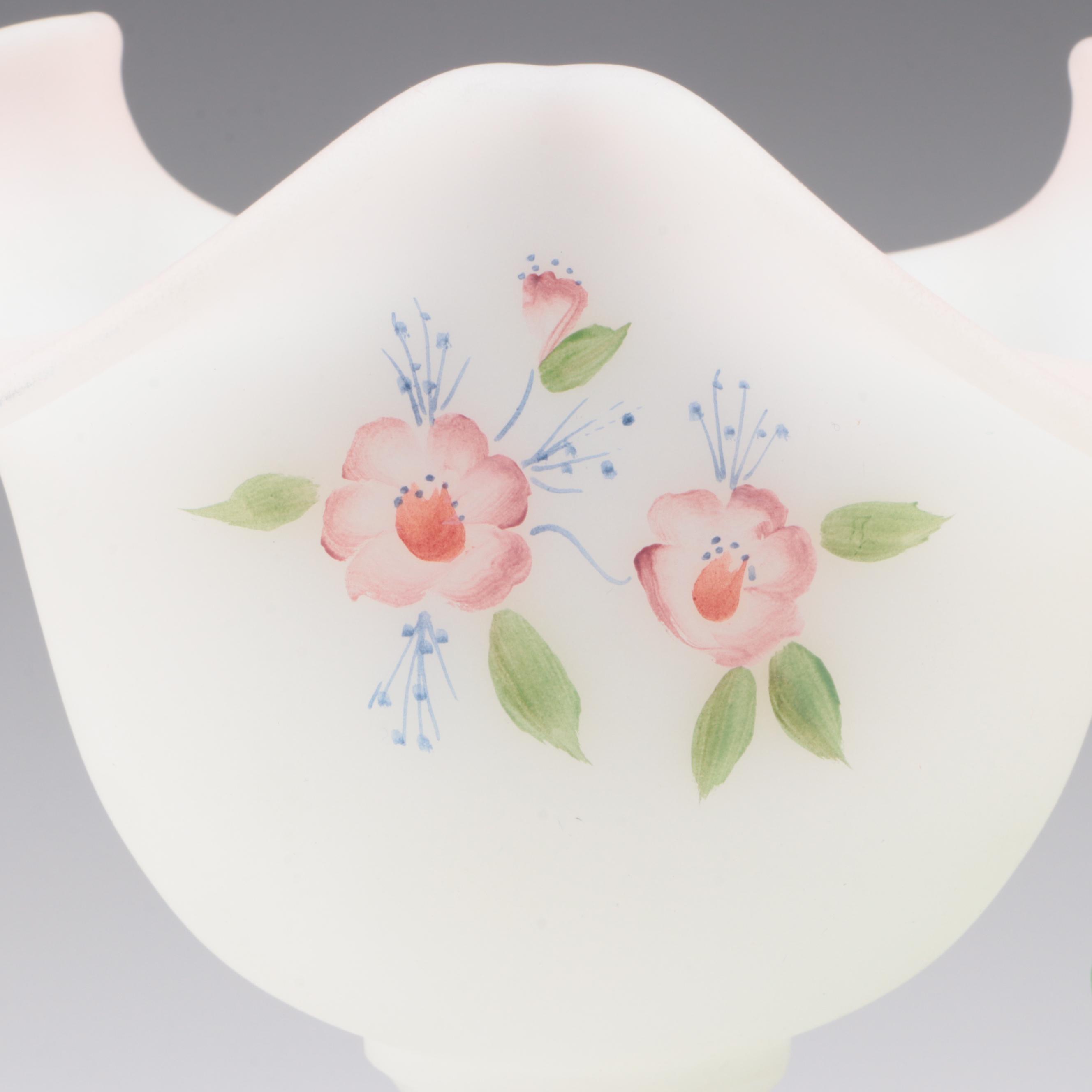 Fenton Hand-Painted Frosted Glass Compote and Cat Figurine