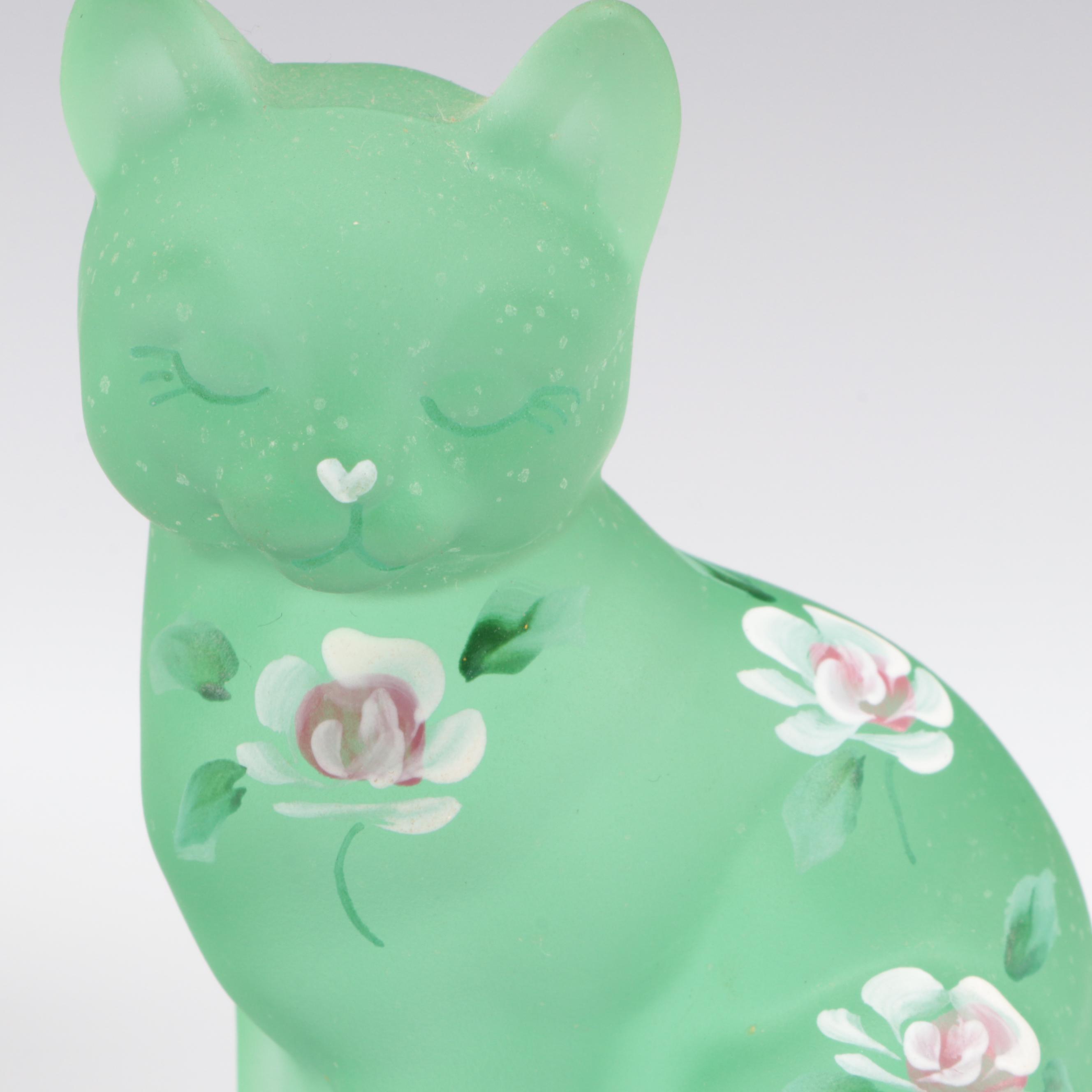 Fenton Hand-Painted Frosted Glass Compote and Cat Figurine