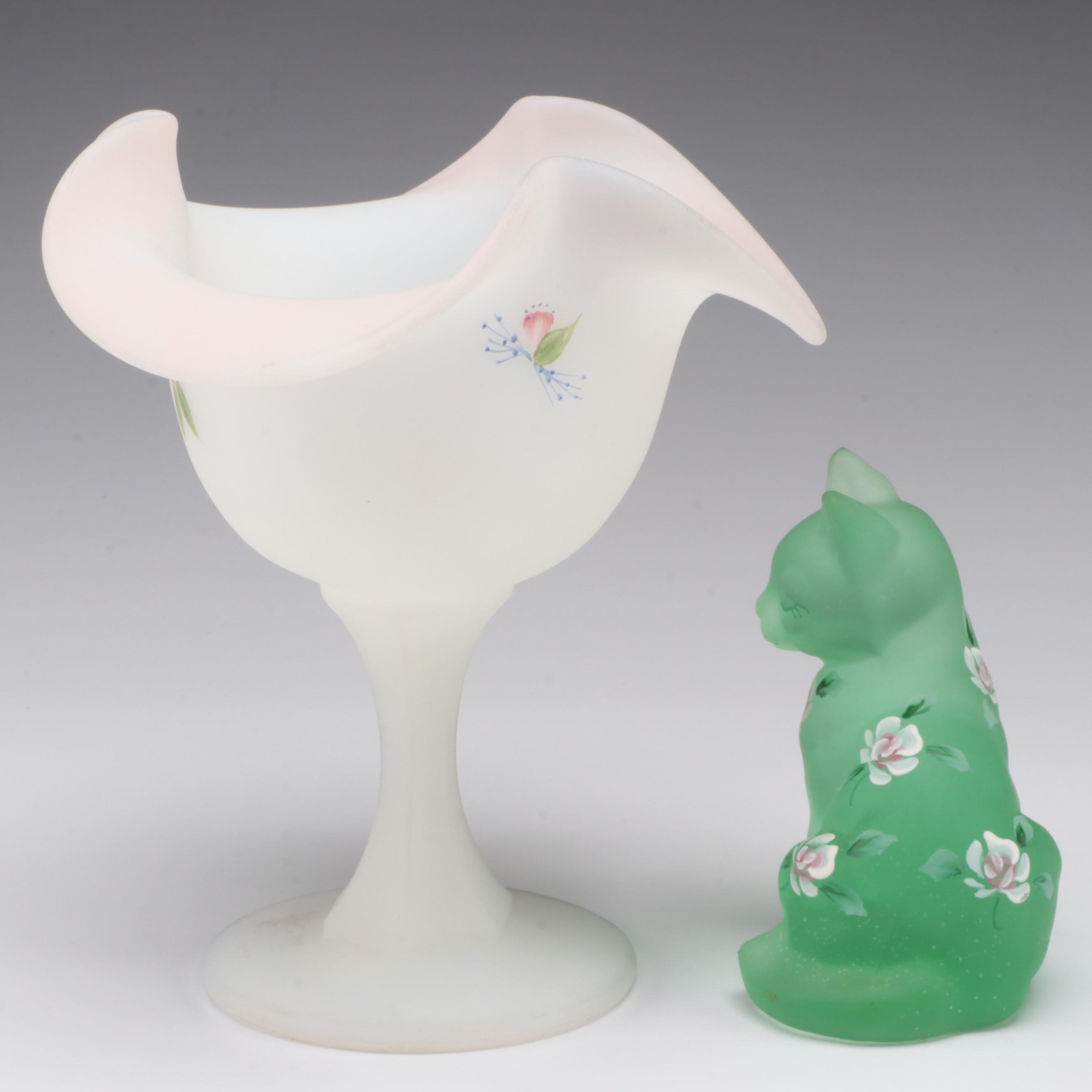 Fenton Hand-Painted Frosted Glass Compote and Cat Figurine