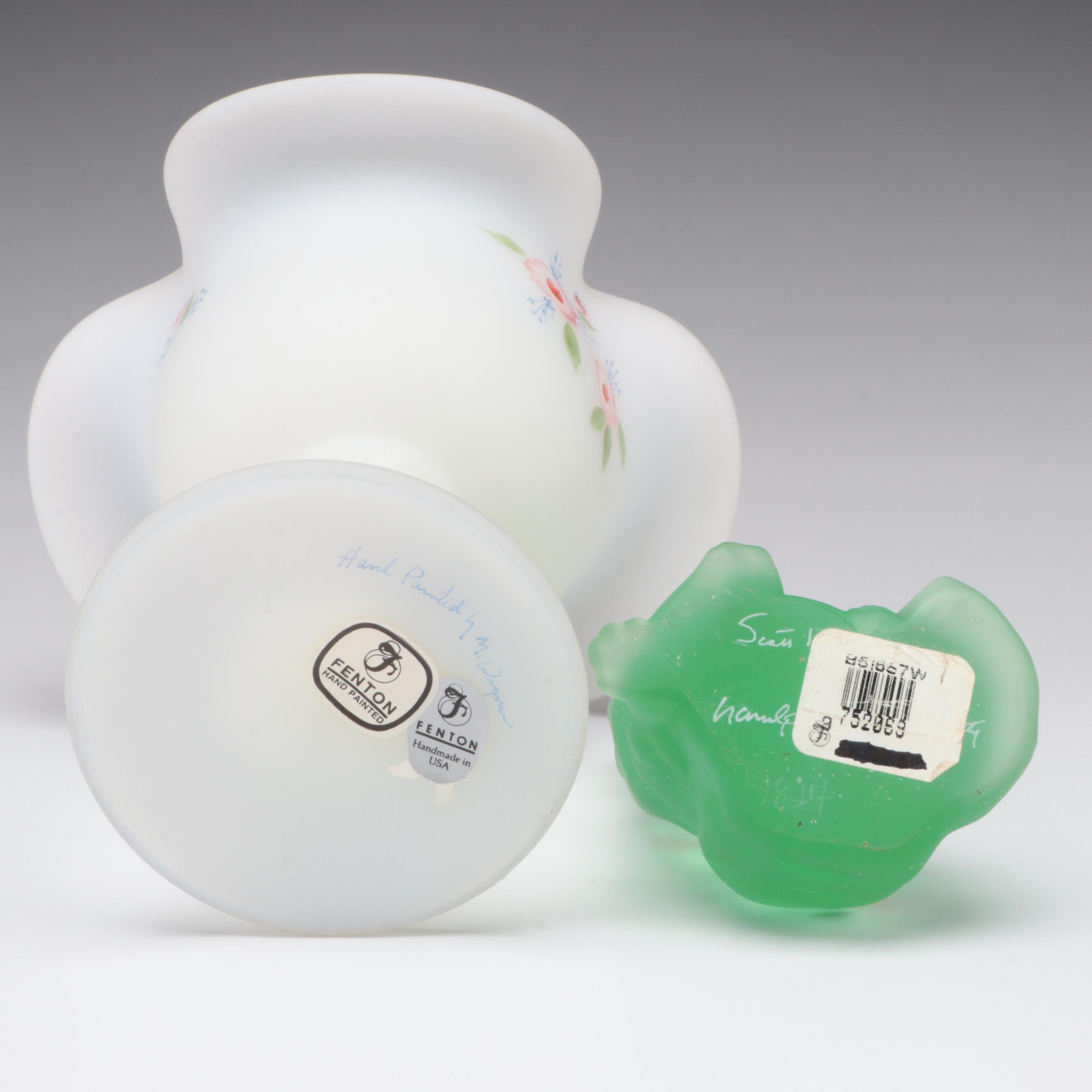 Fenton Hand-Painted Frosted Glass Compote and Cat Figurine