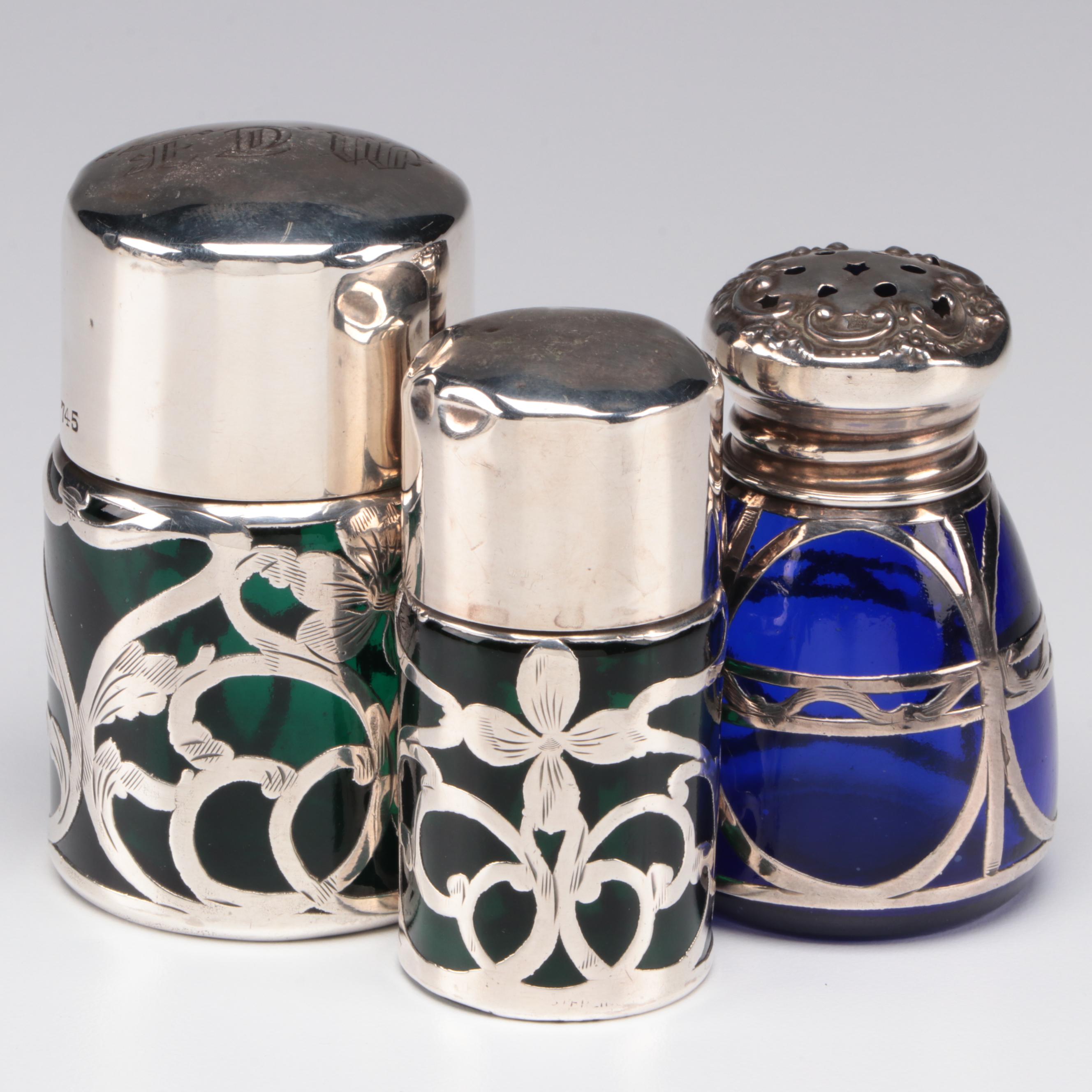 Sterling Silver Overlay and Emerald Glass Vanity Bottles with Other Shaker