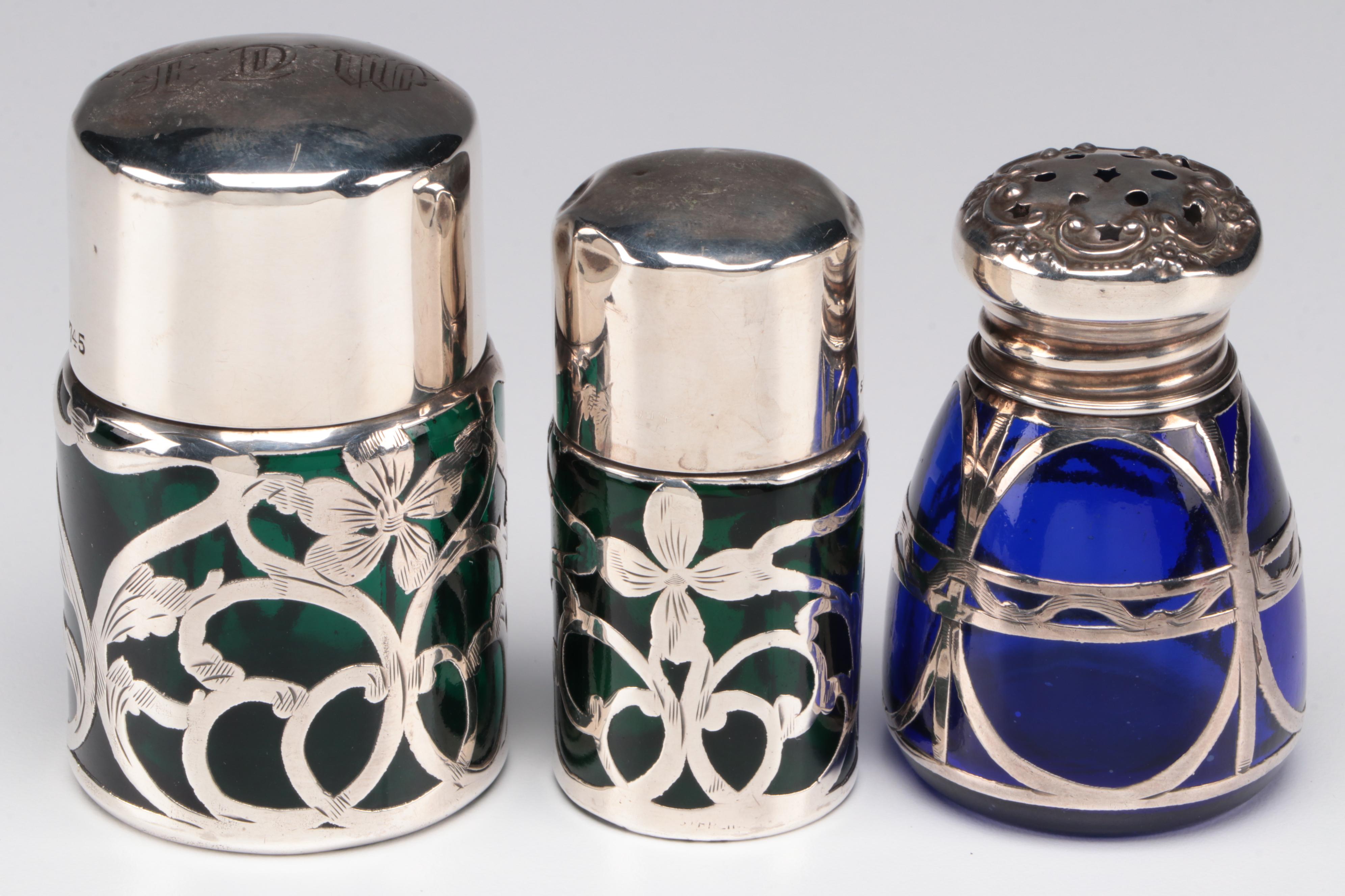 Sterling Silver Overlay and Emerald Glass Vanity Bottles with Other Shaker