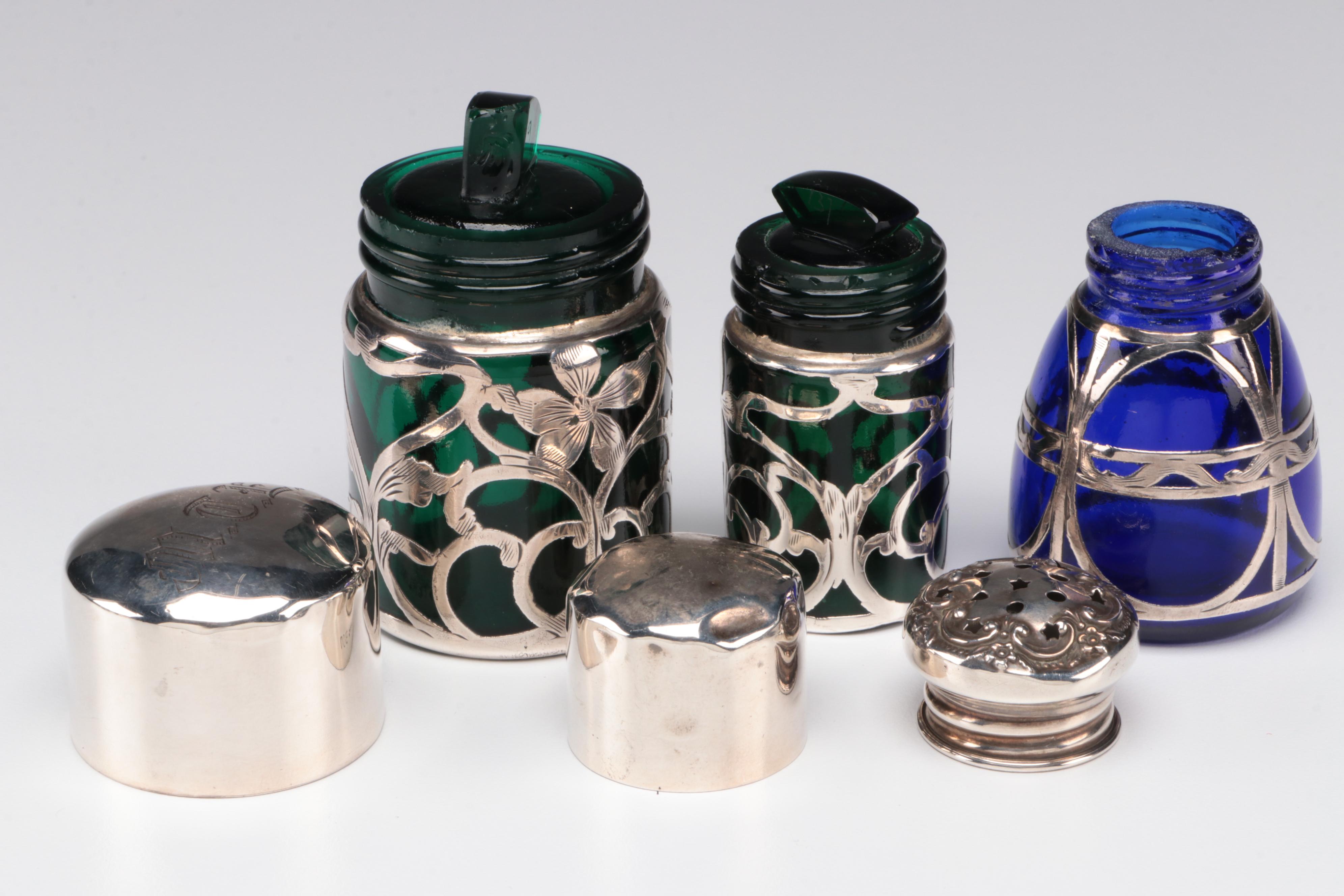 Sterling Silver Overlay and Emerald Glass Vanity Bottles with Other Shaker