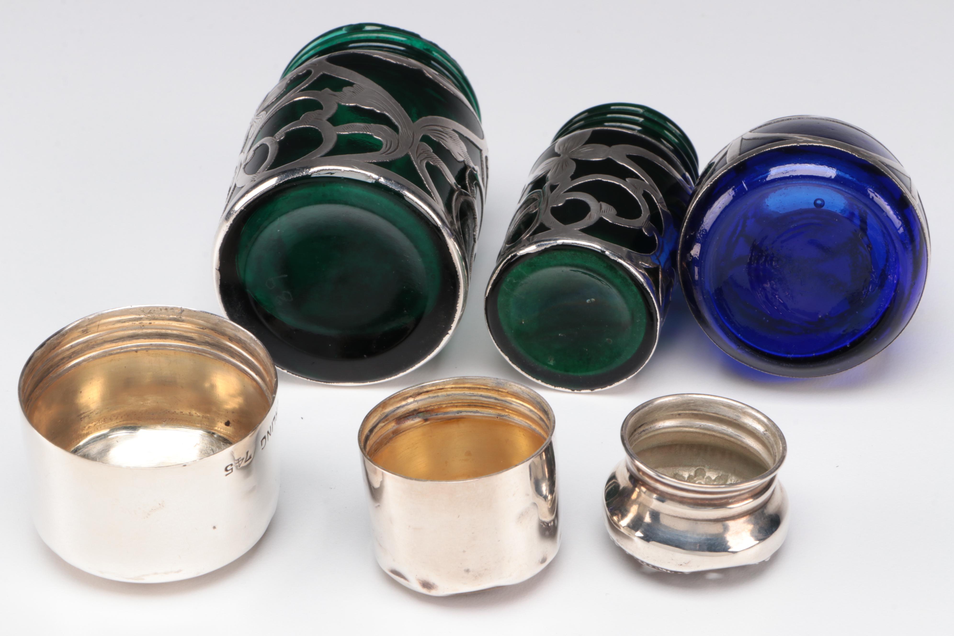 Sterling Silver Overlay and Emerald Glass Vanity Bottles with Other Shaker