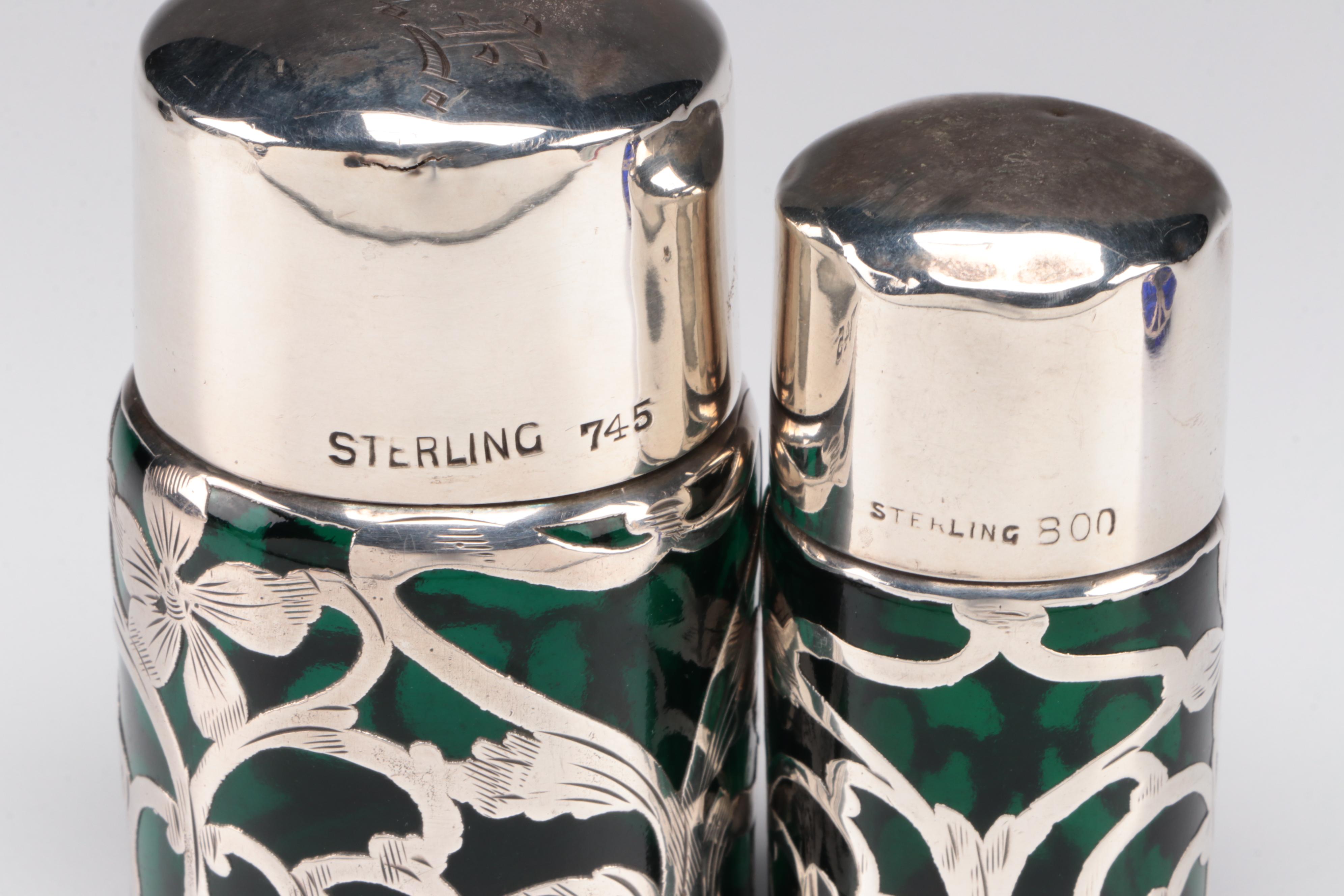 Sterling Silver Overlay and Emerald Glass Vanity Bottles with Other Shaker
