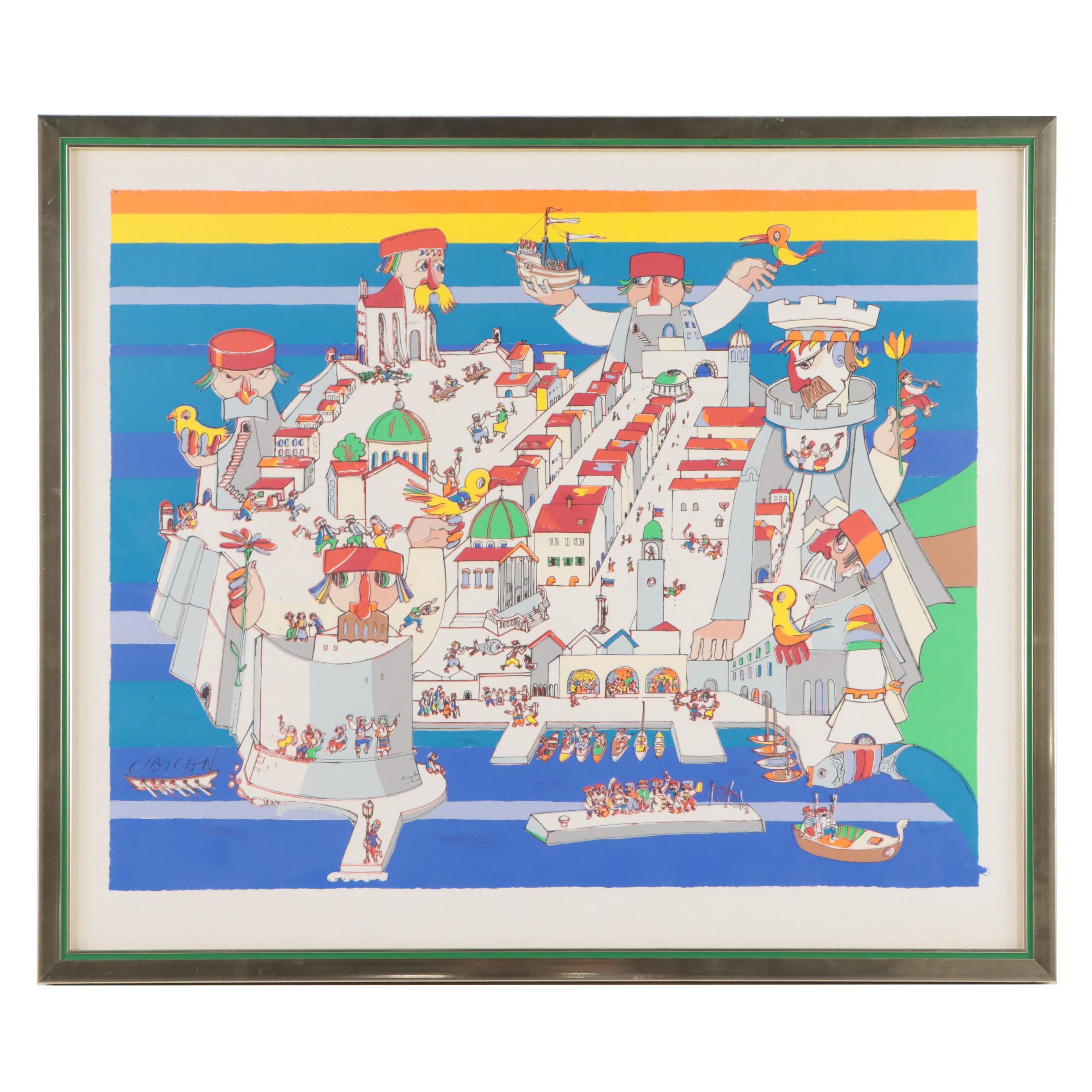 Serigraph After Jovan Obican of a Surreal Townscape, Late 20th Century