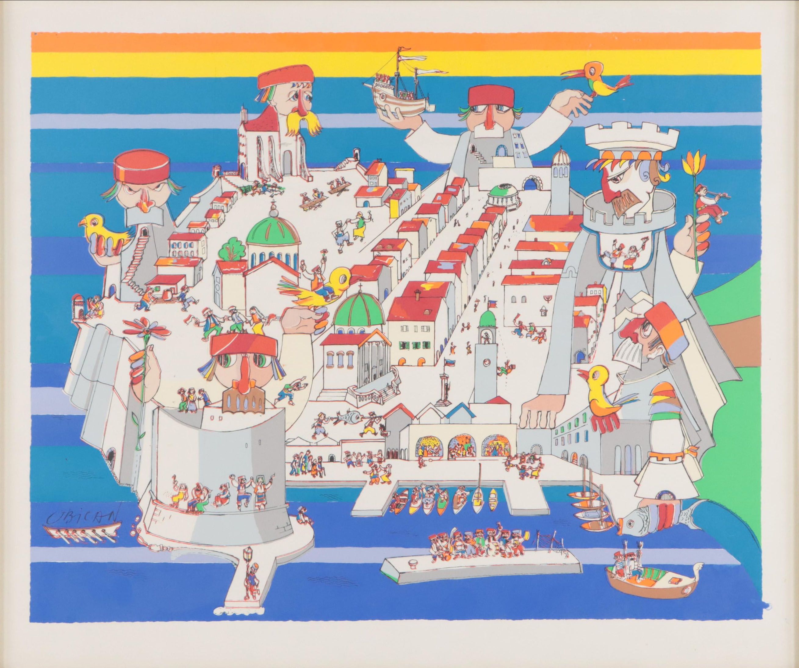 Serigraph After Jovan Obican of a Surreal Townscape, Late 20th Century