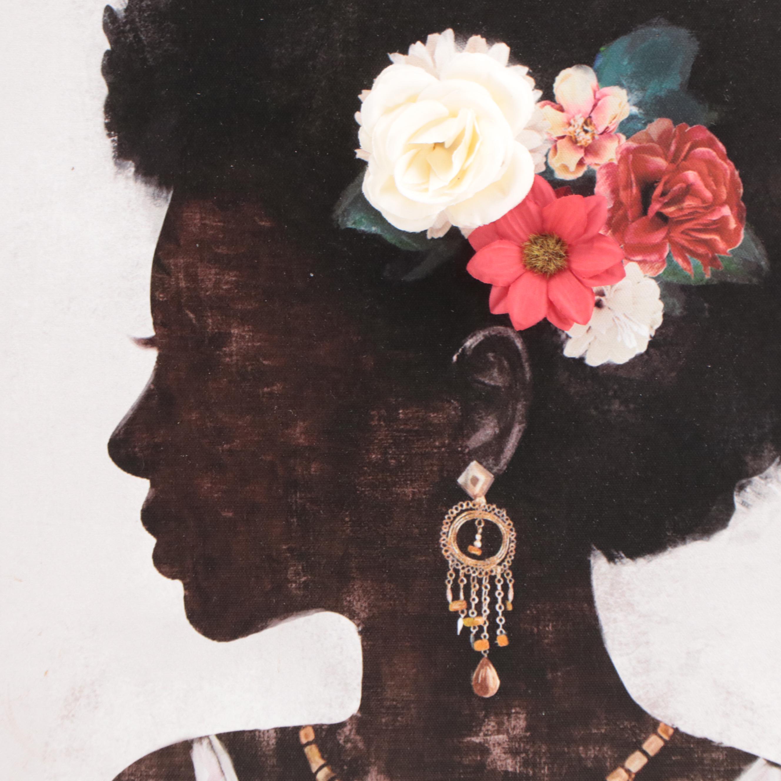 Embellished Giclée Profile Portrait of Woman Adorned With Flowers