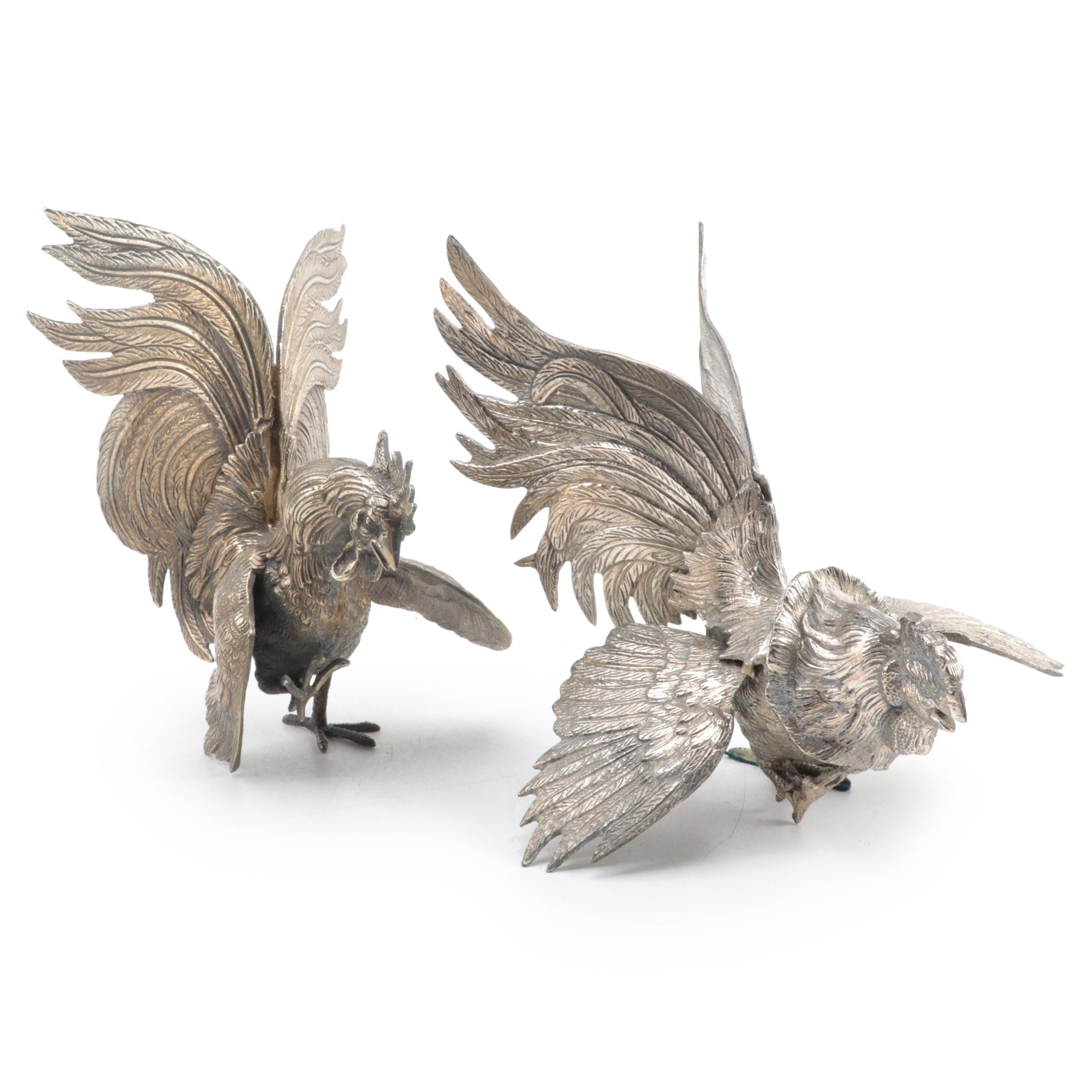 Pair of Cast Metal and Brass Fighting Roosters Figurines