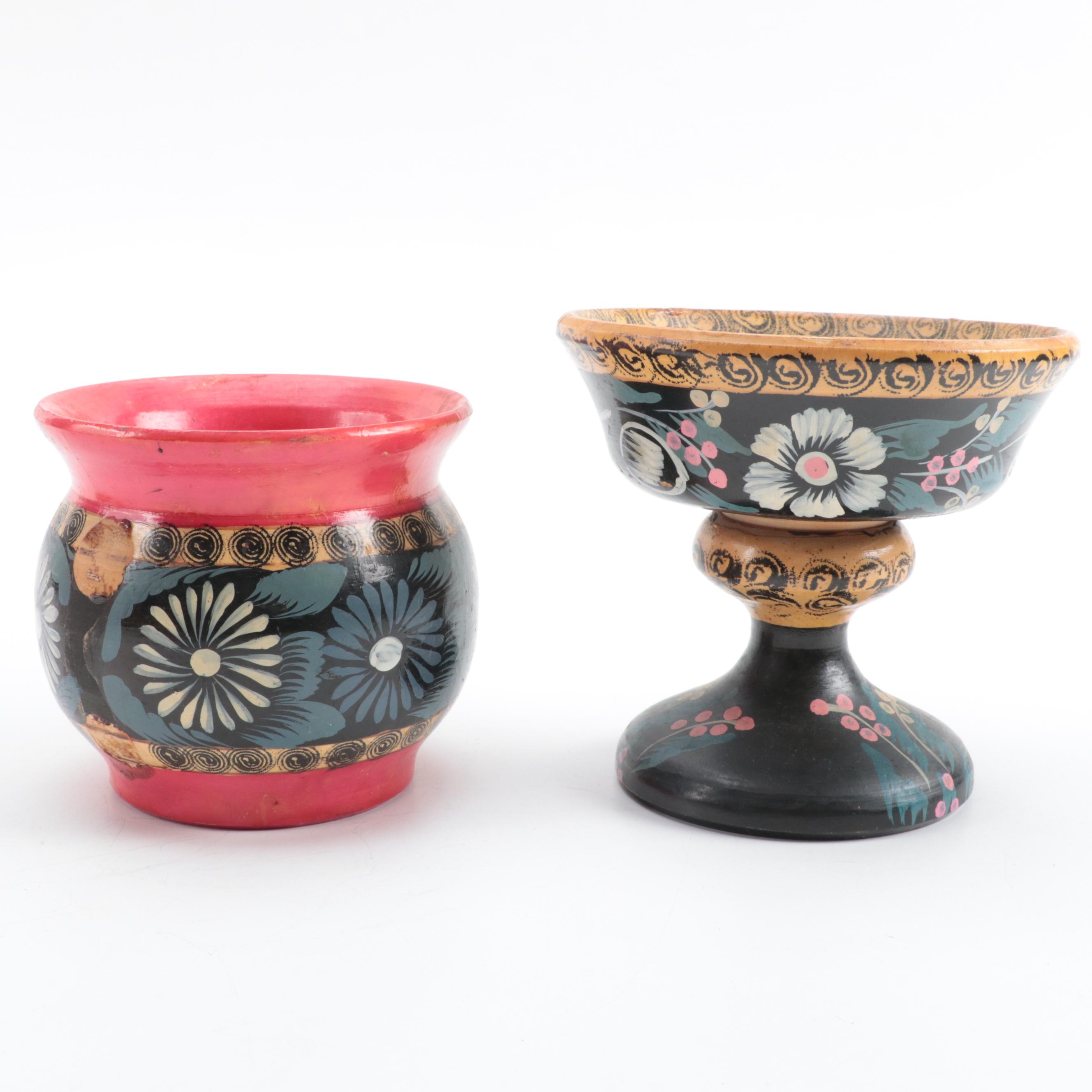 Eastern European Floral Painted Treenware, Mid-20th Century