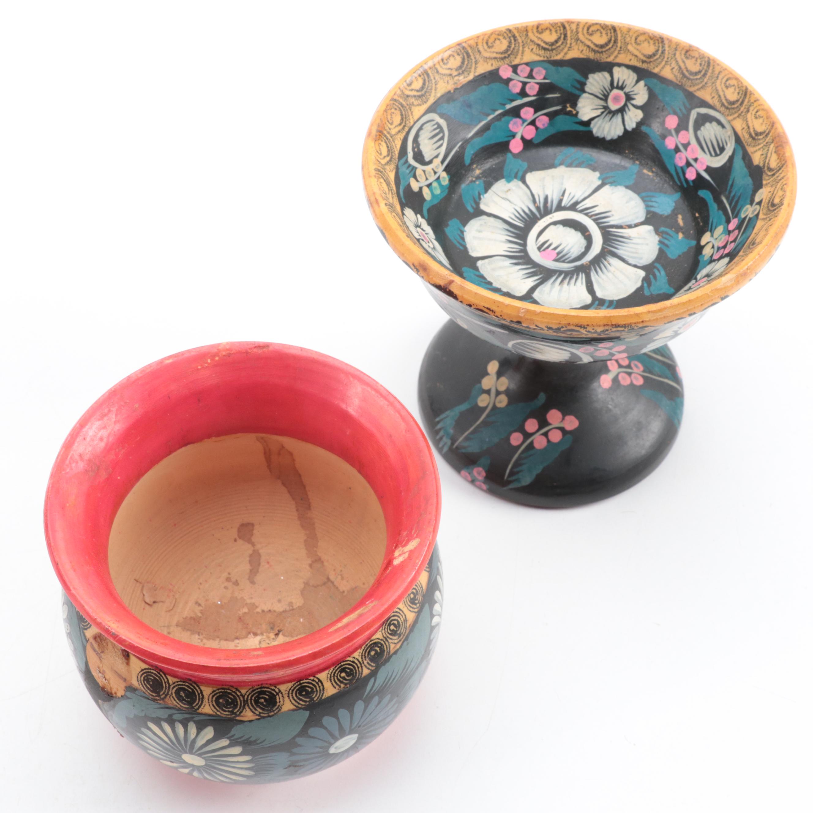 Eastern European Floral Painted Treenware, Mid-20th Century