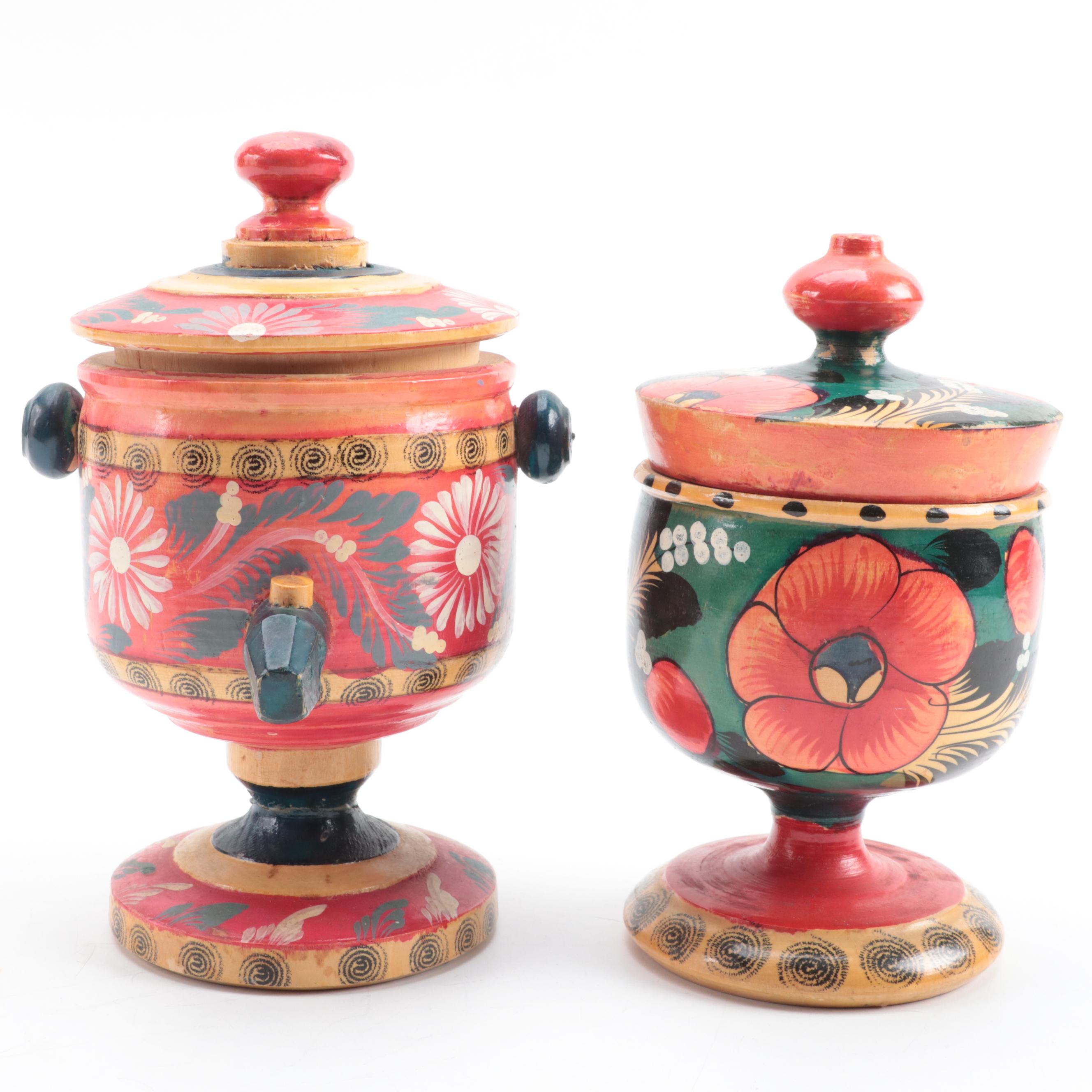 Eastern European Floral Painted Treenware, Mid-20th Century