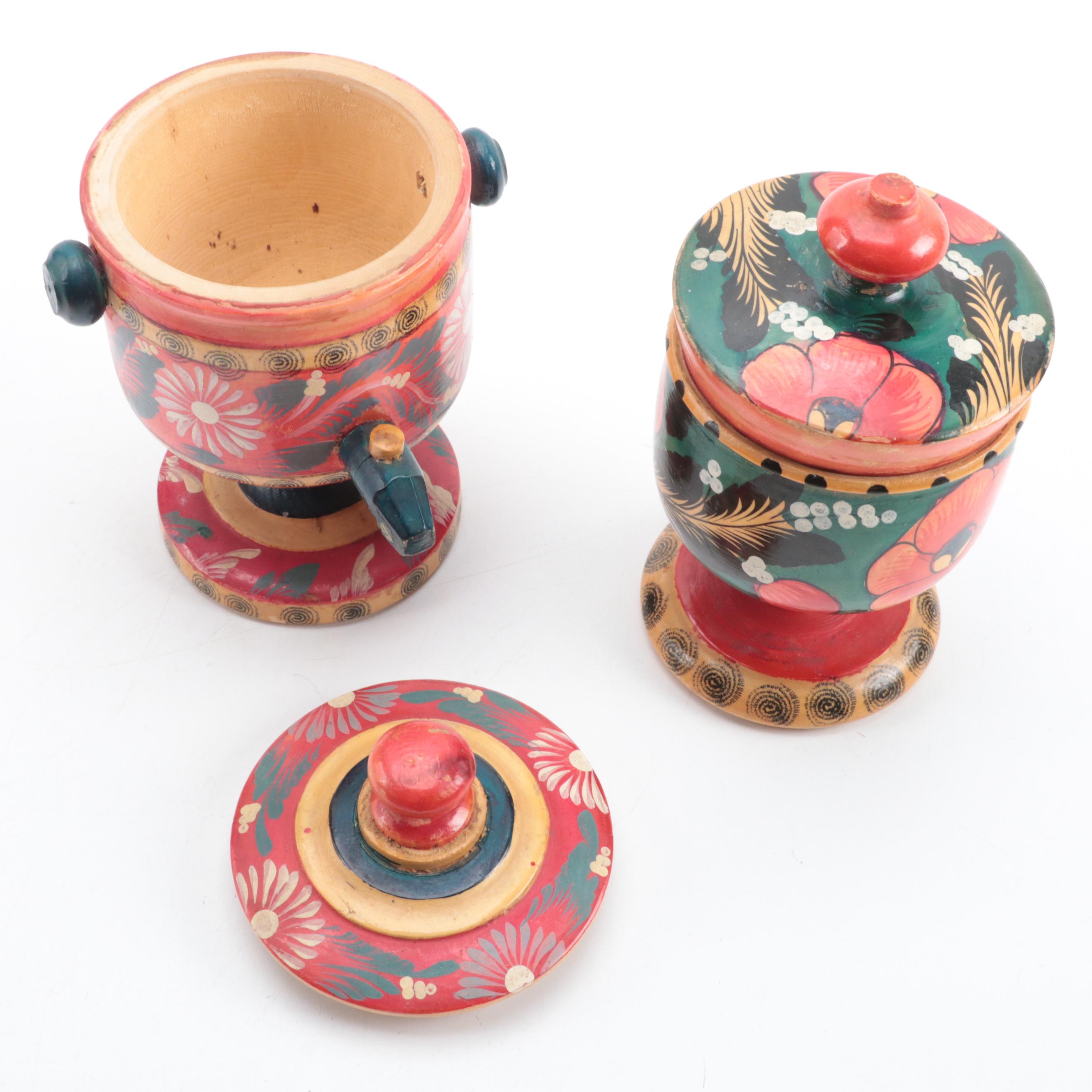Eastern European Floral Painted Treenware, Mid-20th Century