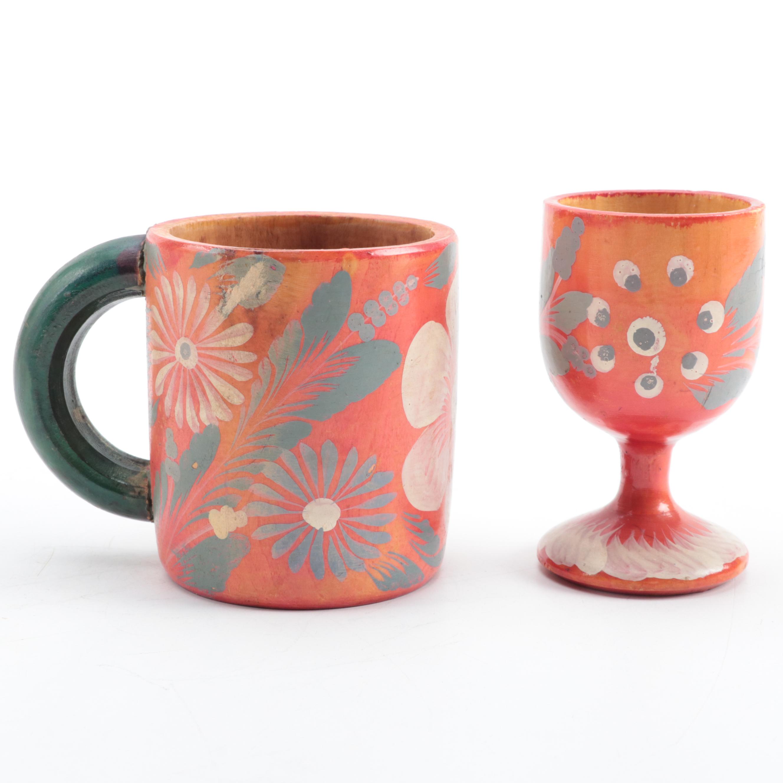 Eastern European Floral Painted Treenware, Mid-20th Century