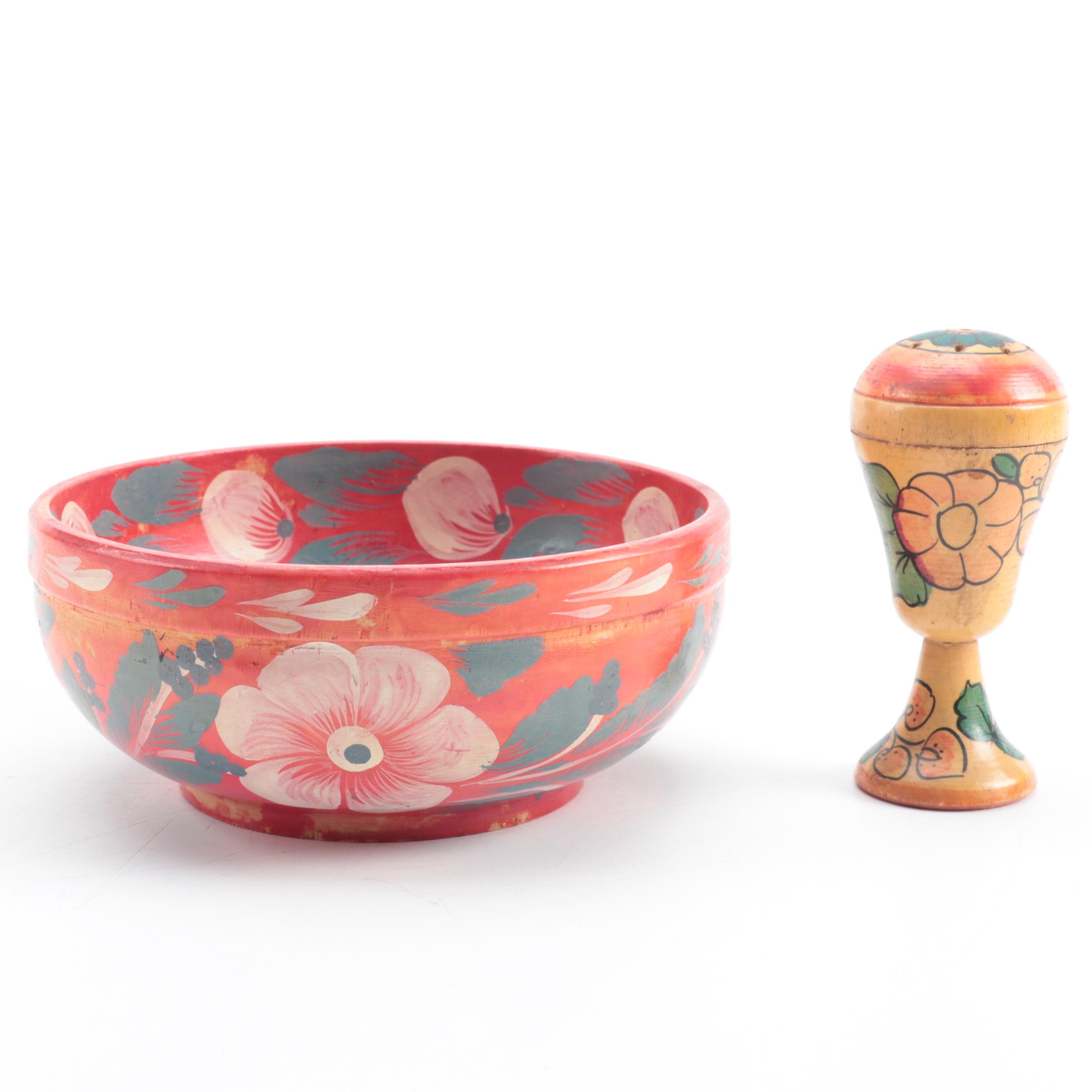 Eastern European Floral Painted Treenware, Mid-20th Century