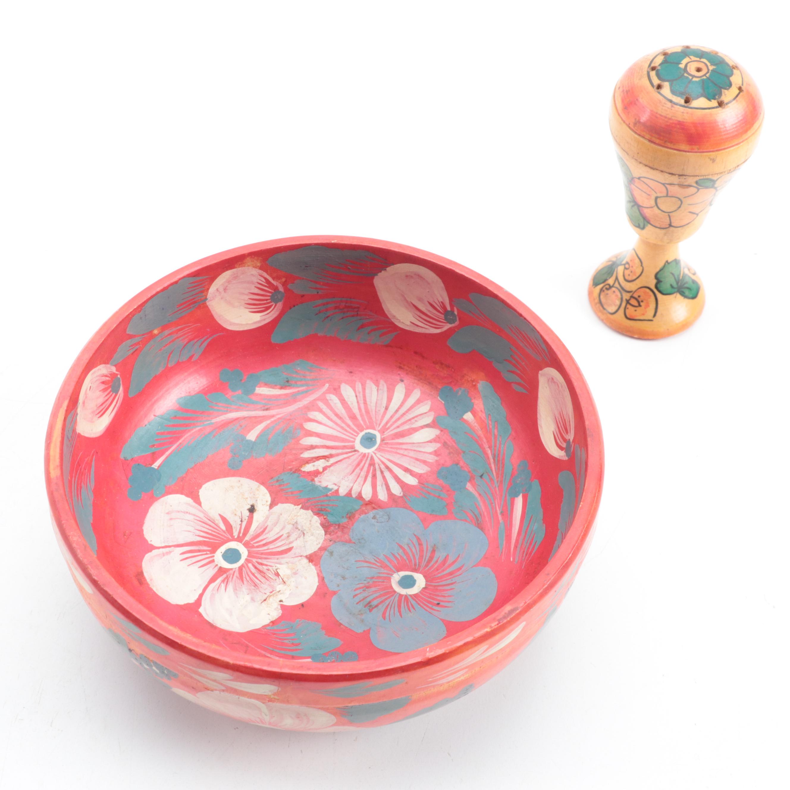 Eastern European Floral Painted Treenware, Mid-20th Century