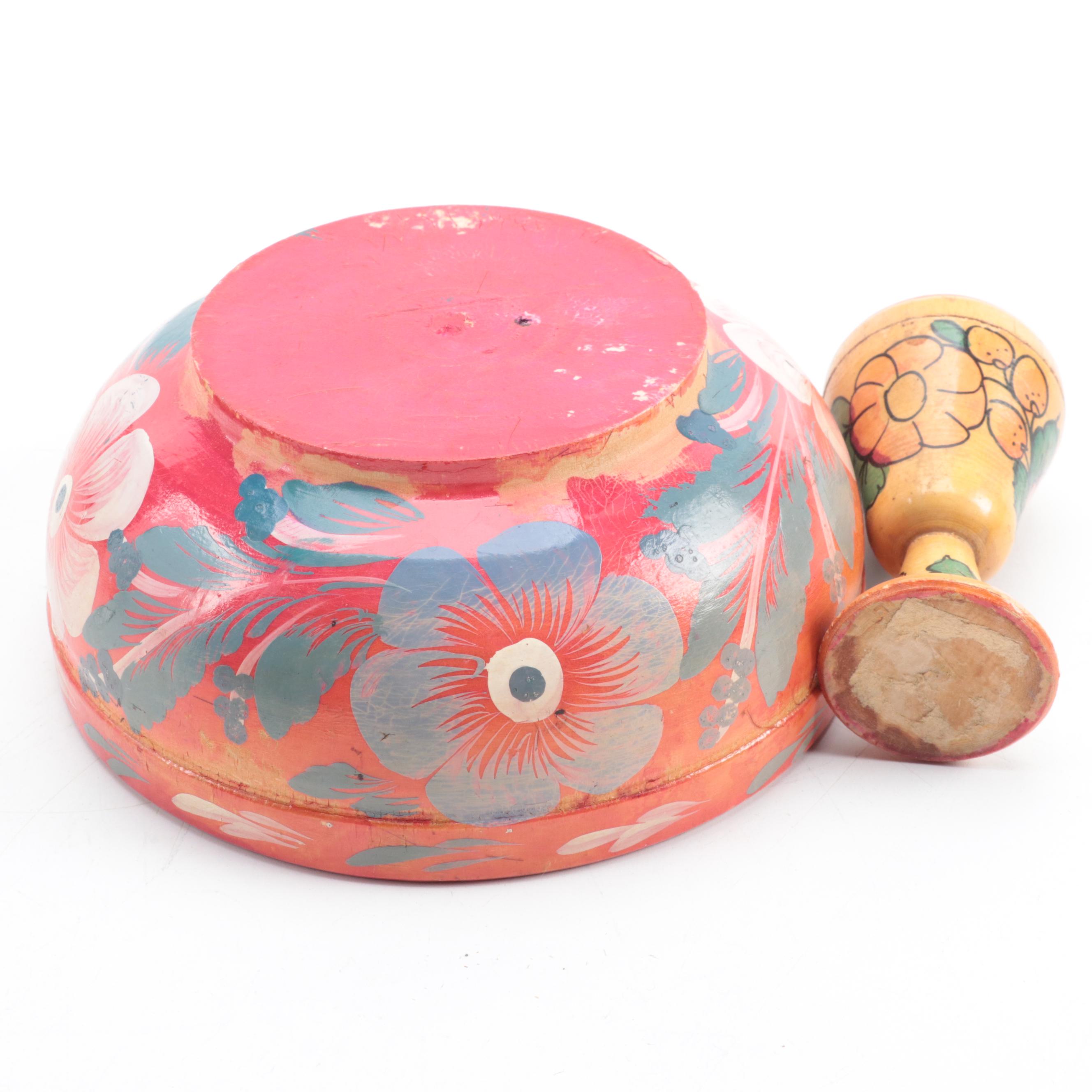 Eastern European Floral Painted Treenware, Mid-20th Century