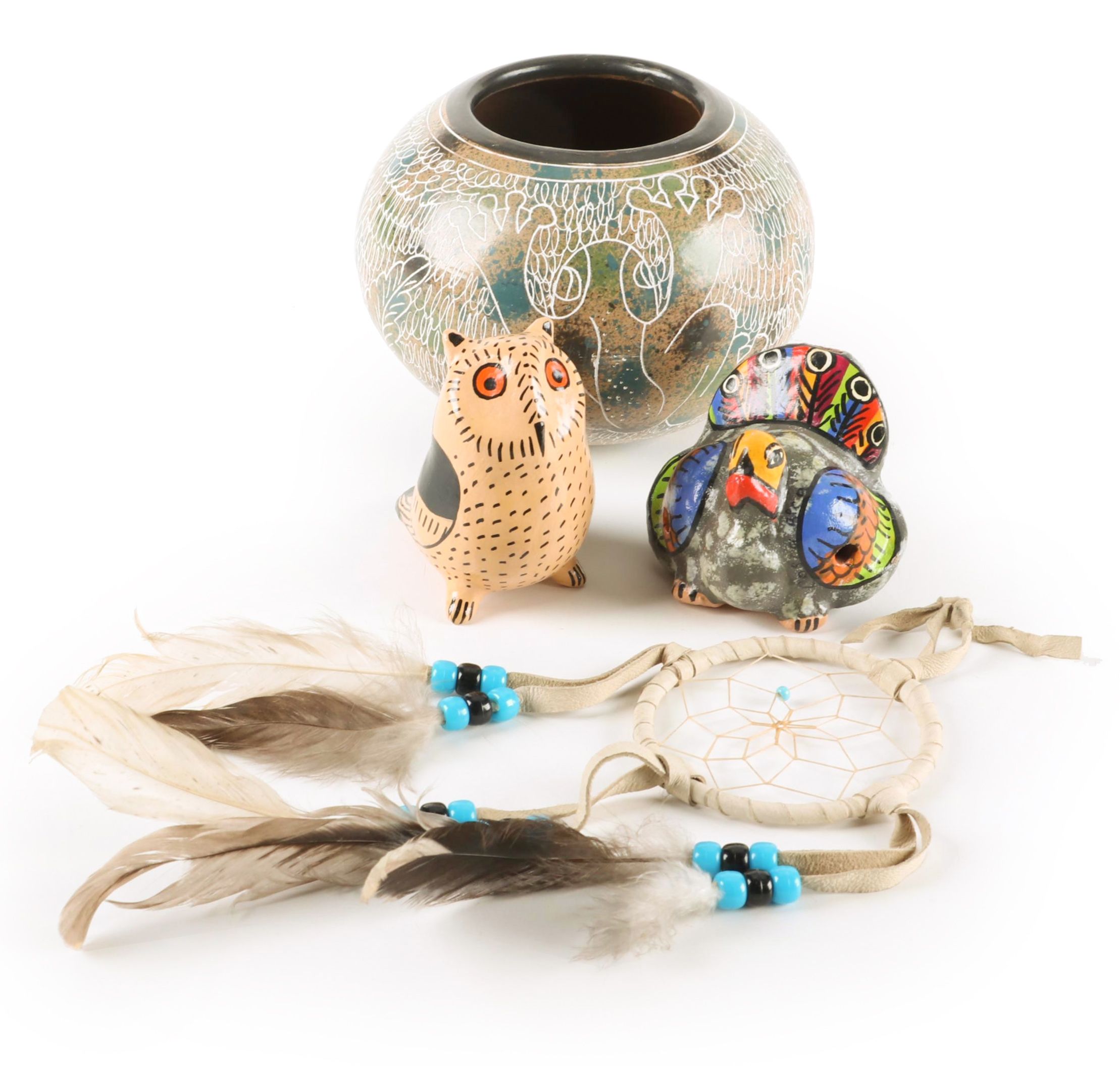 Dream Catcher with Paint Decorated Pottery Owl, Turkey and Bowl