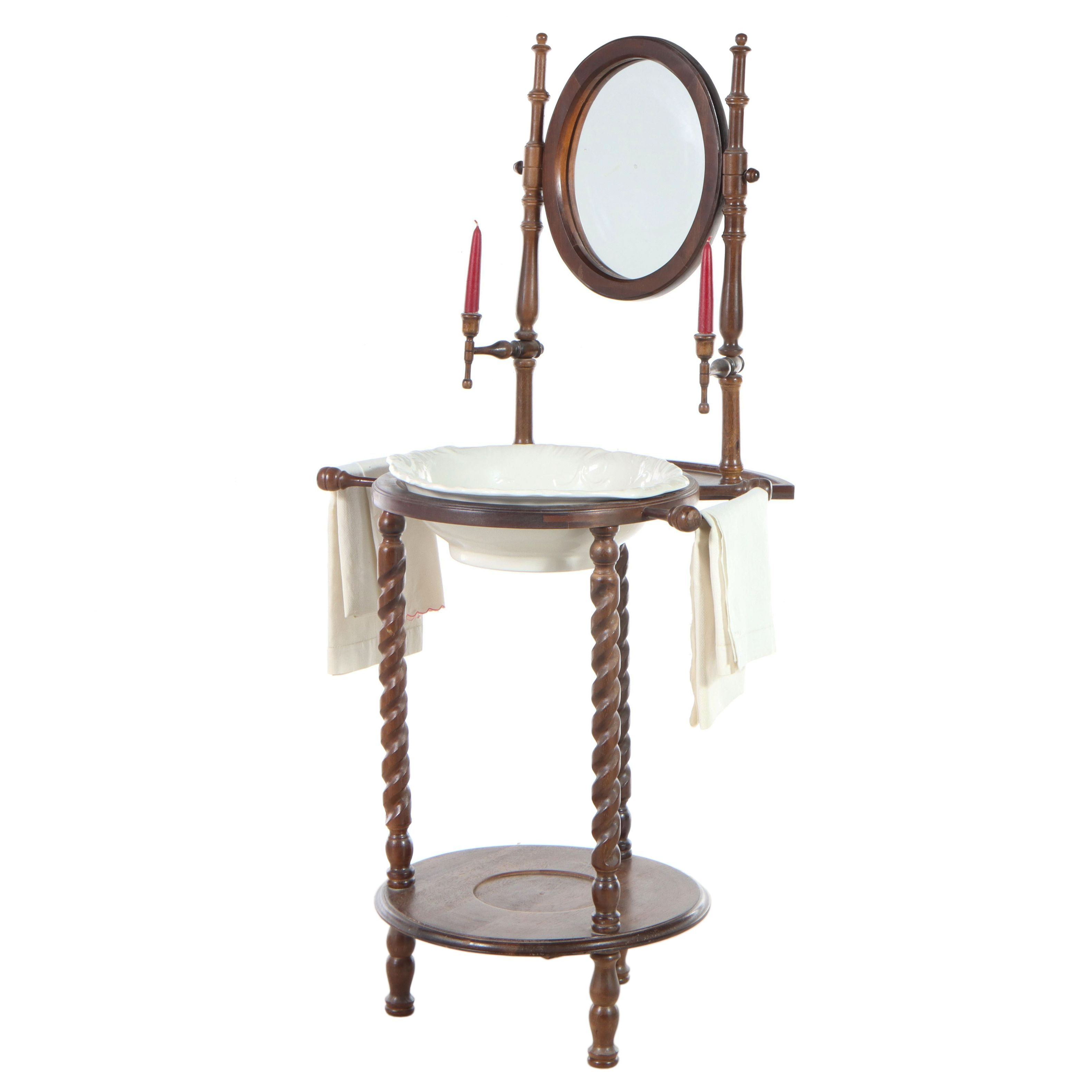 Victorian Style Mirror-Back Washstand with Bowl and Towels