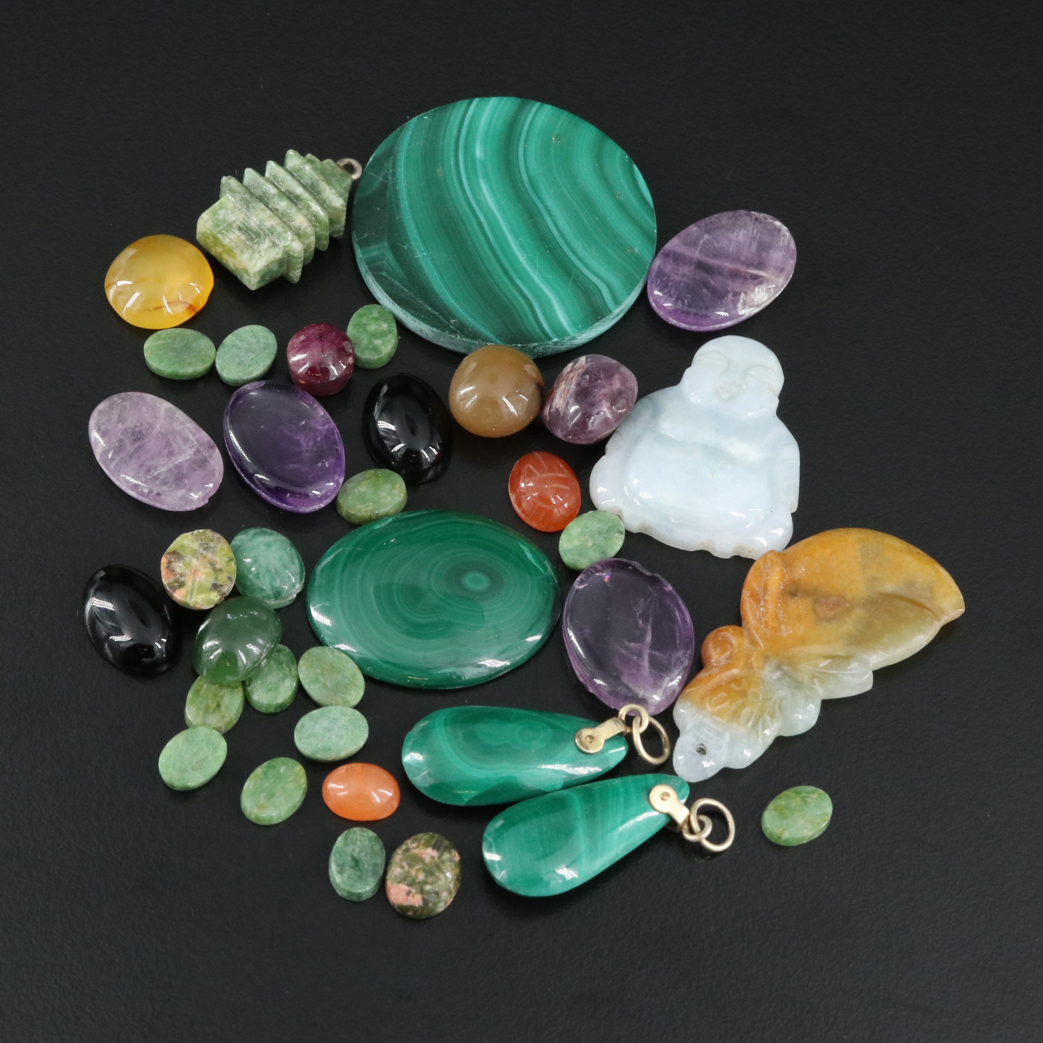 Loose Malachite, Amethyst, Black Onyx and Additional Gemstones
