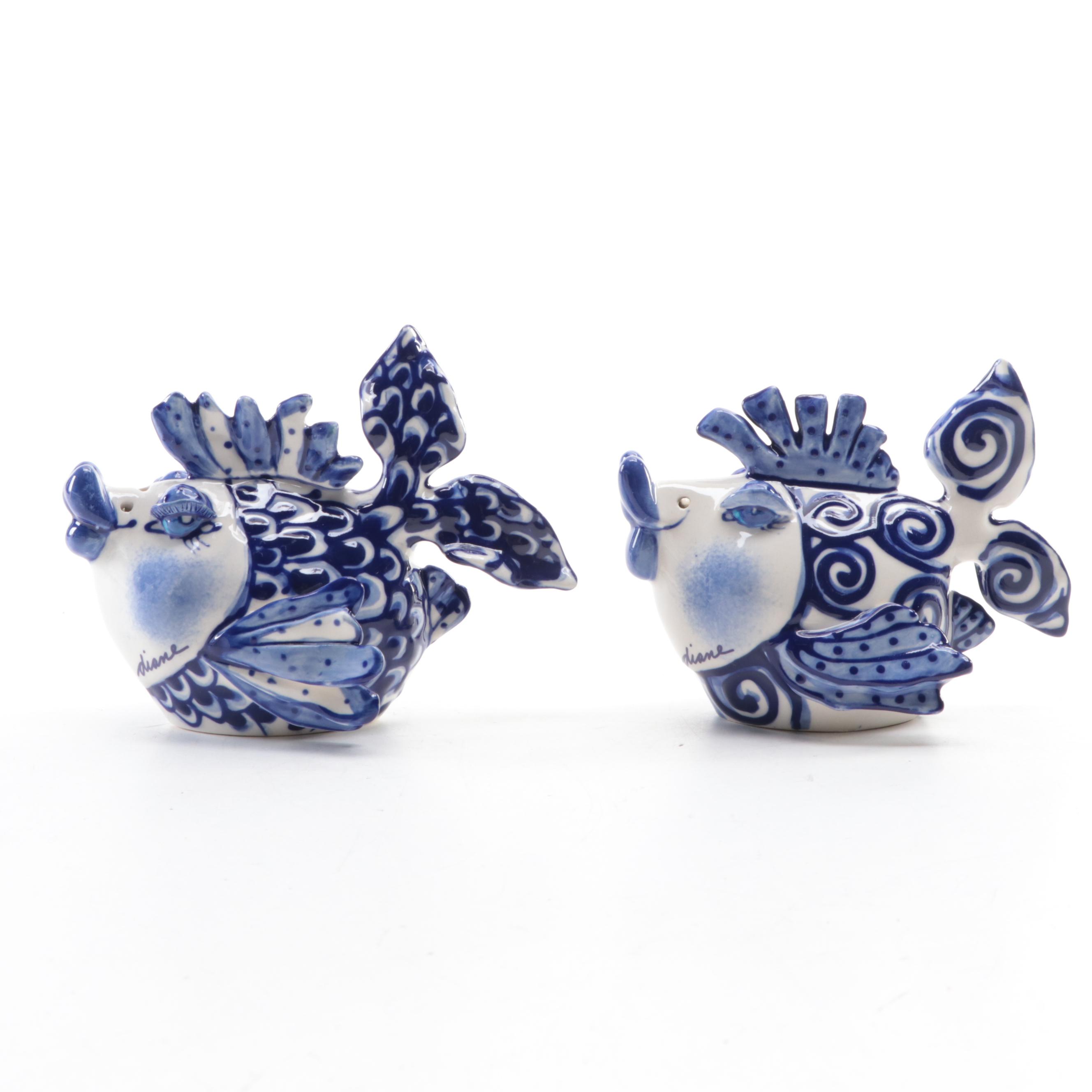 Russian Gzhel Porcelain Fish Shaped Jar with Other Salt and Pepper Shakers