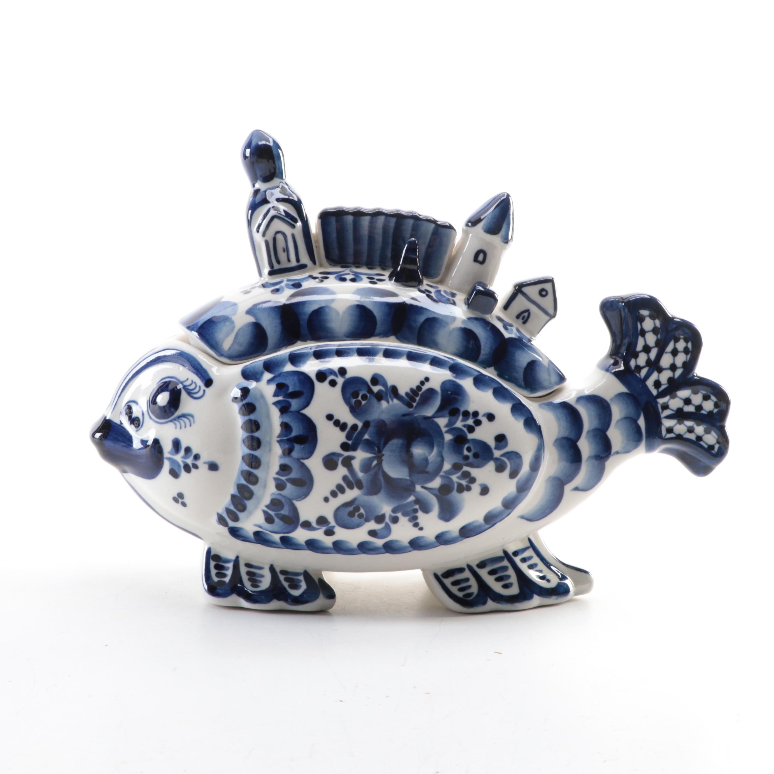 Russian Gzhel Porcelain Fish Shaped Jar with Other Salt and Pepper Shakers