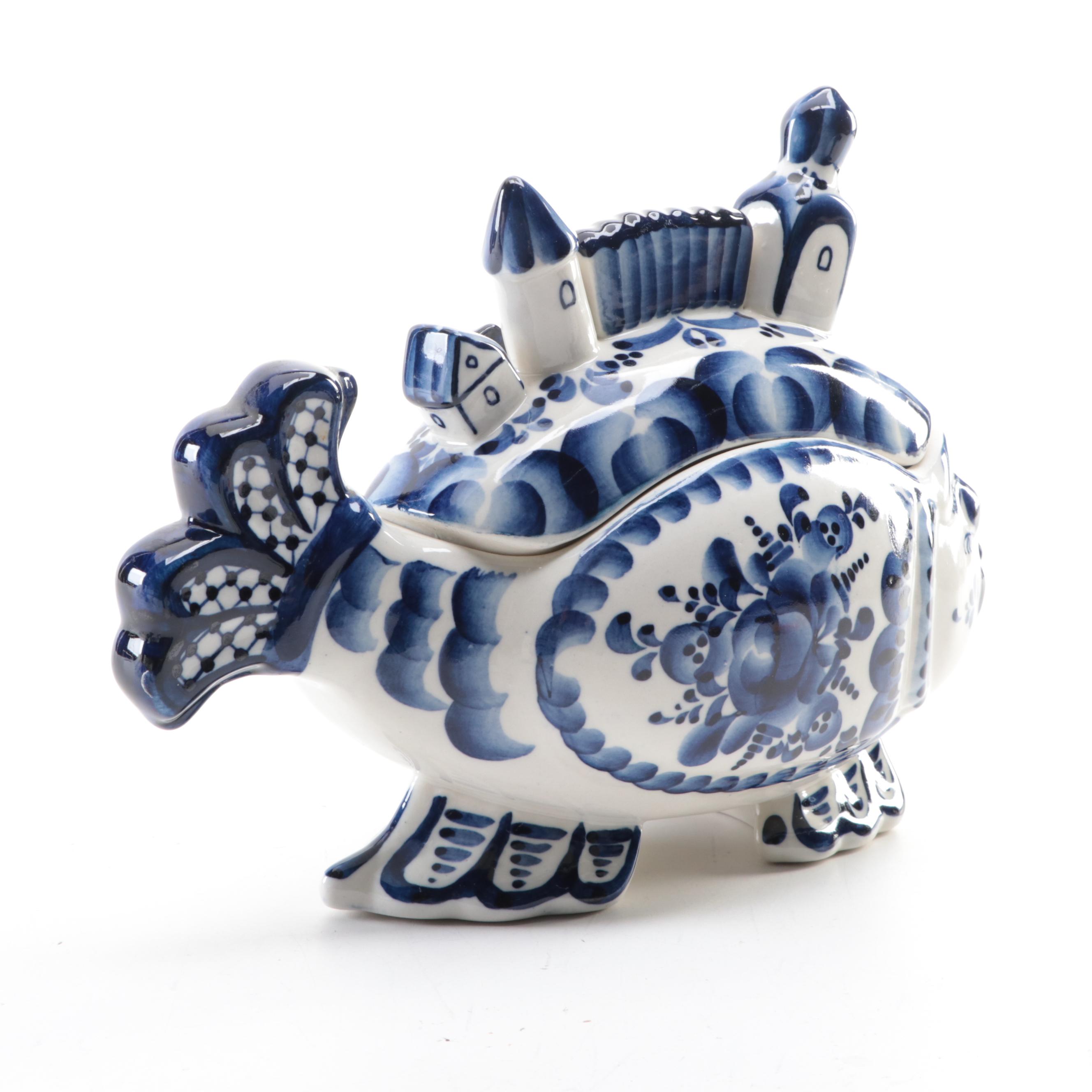 Russian Gzhel Porcelain Fish Shaped Jar with Other Salt and Pepper Shakers