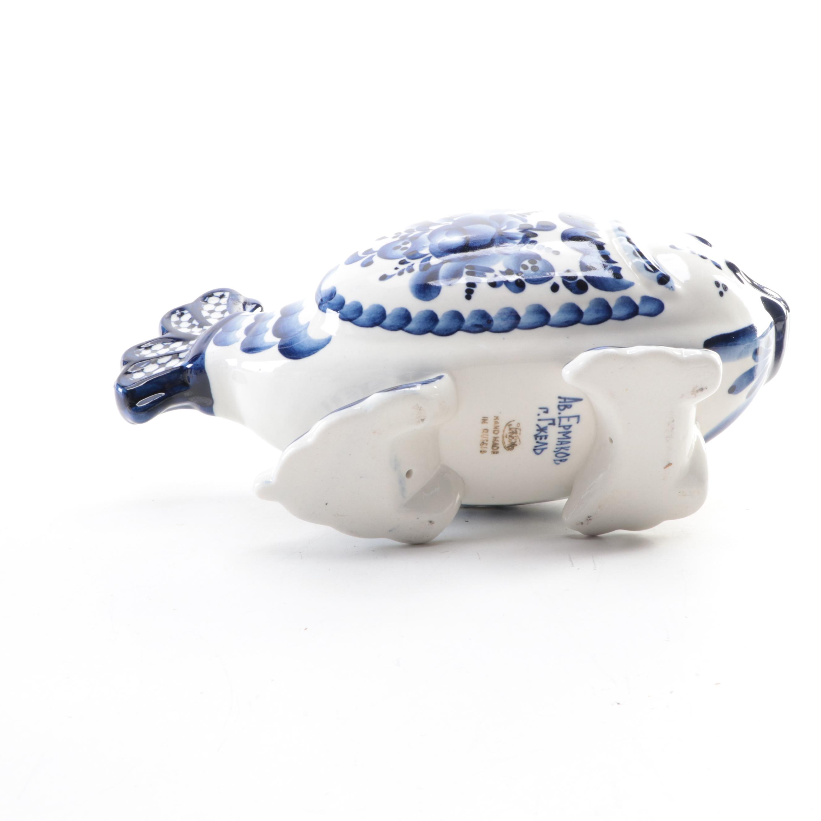 Russian Gzhel Porcelain Fish Shaped Jar with Other Salt and Pepper Shakers