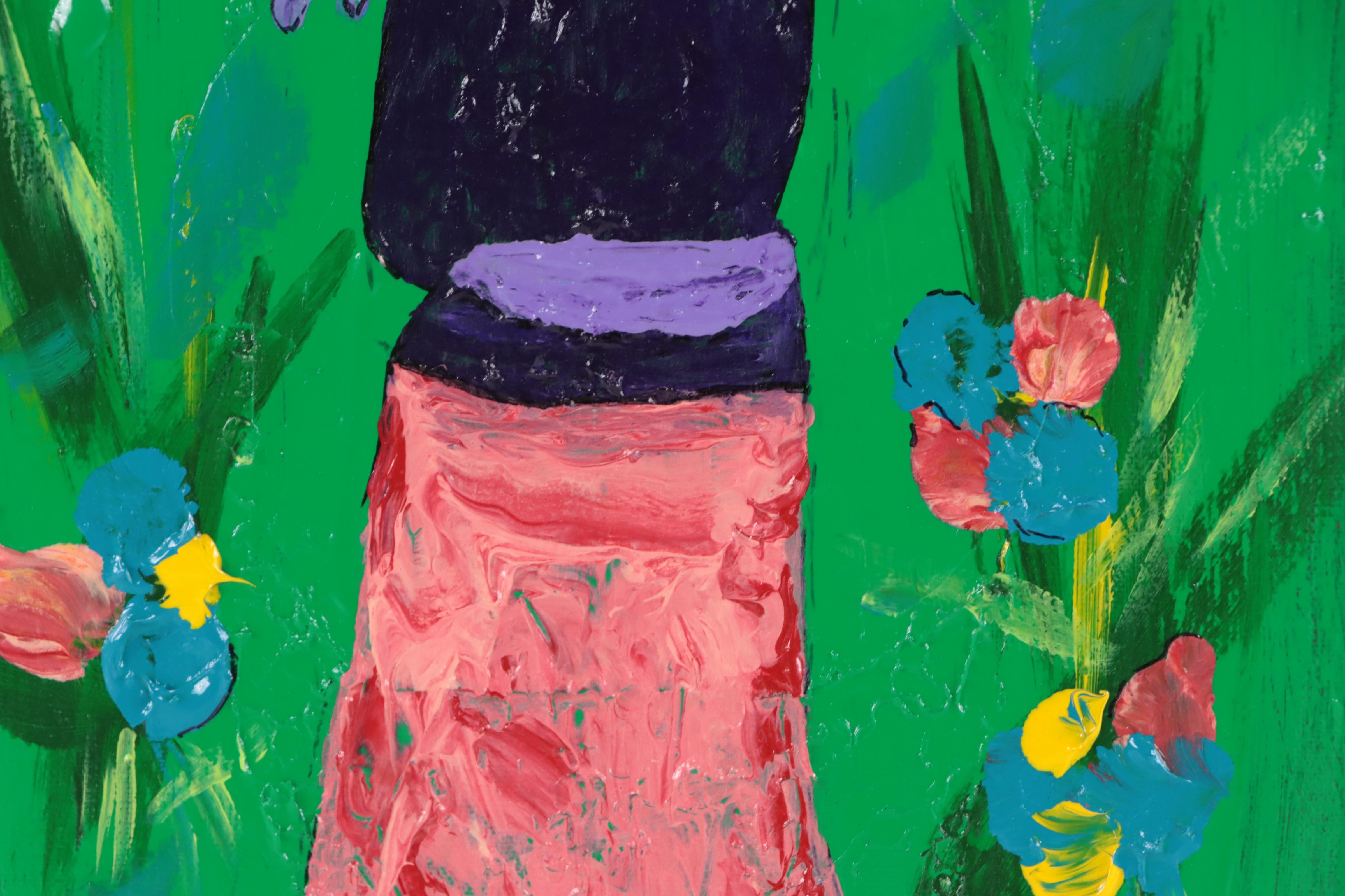 George Glass Mixed Media Painting "A Walk in the Garden," 21st Century