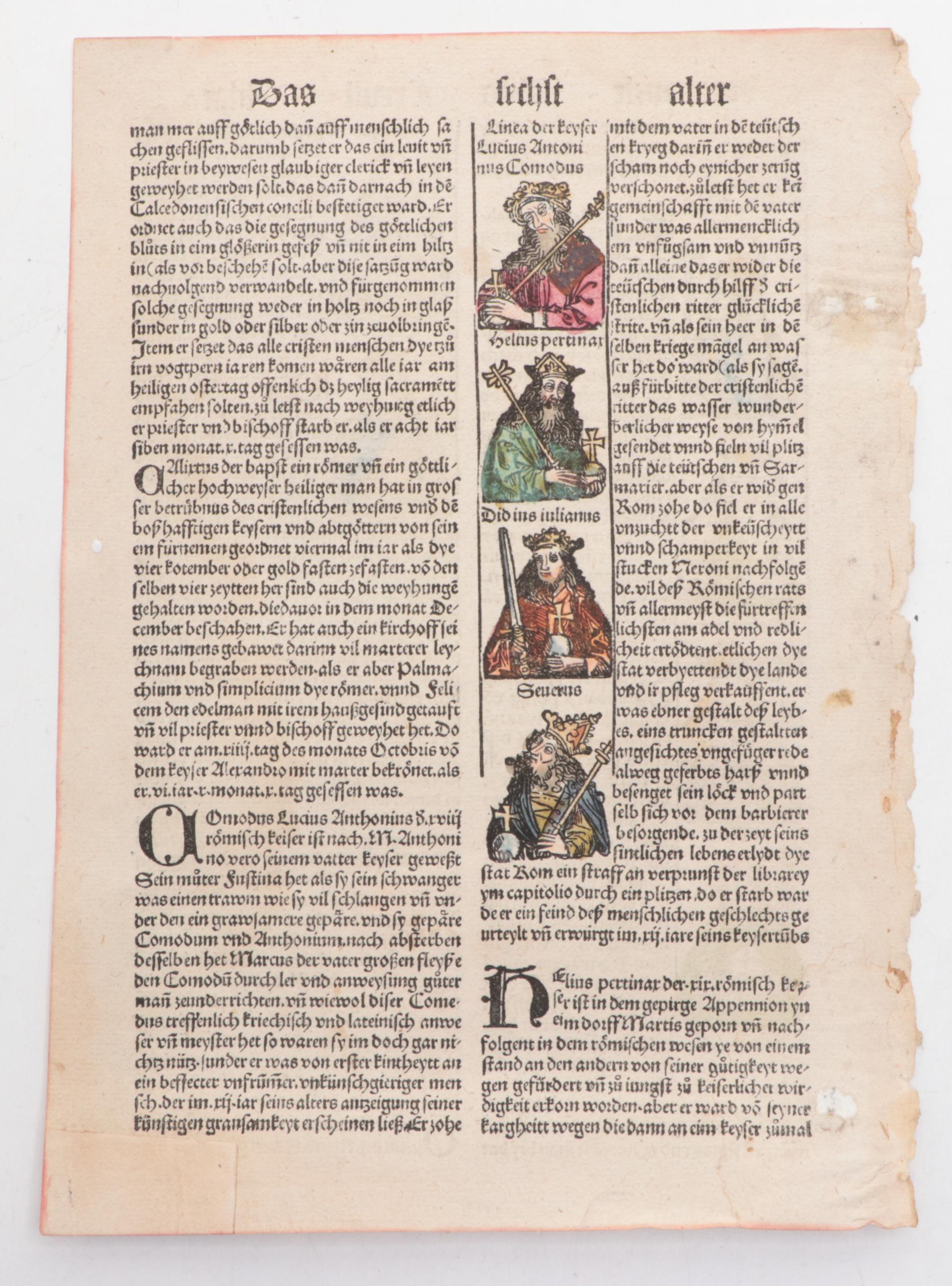 "Nuremberg Chronicle" Leaf Featuring Severus, Didius Julianus and More, 1496