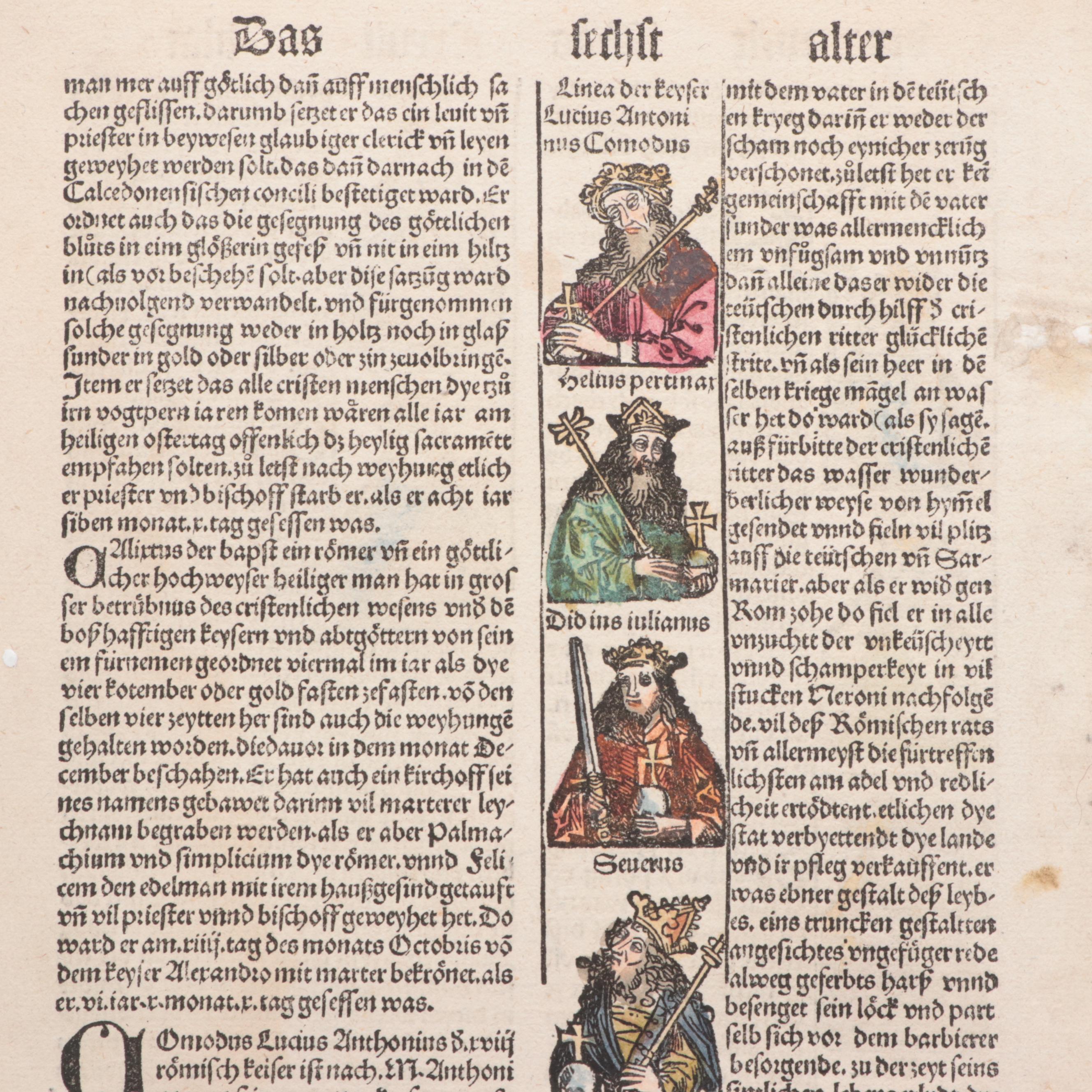 "Nuremberg Chronicle" Leaf Featuring Severus, Didius Julianus and More, 1496