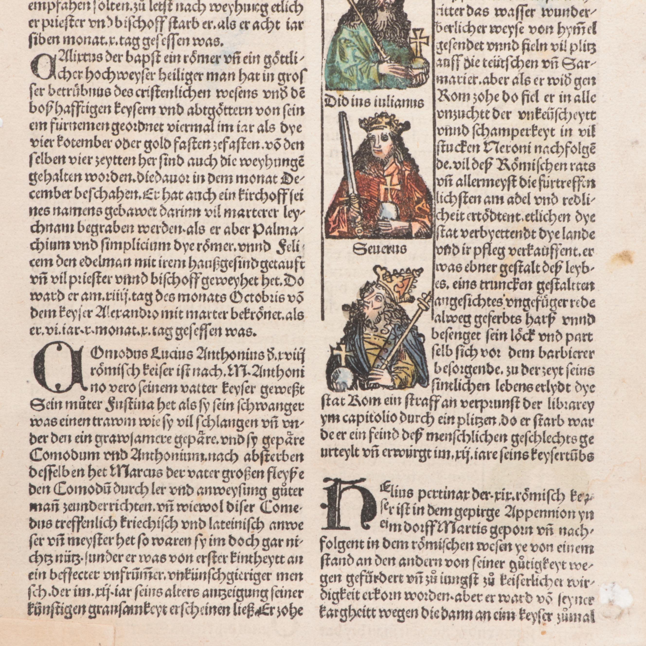 "Nuremberg Chronicle" Leaf Featuring Severus, Didius Julianus and More, 1496