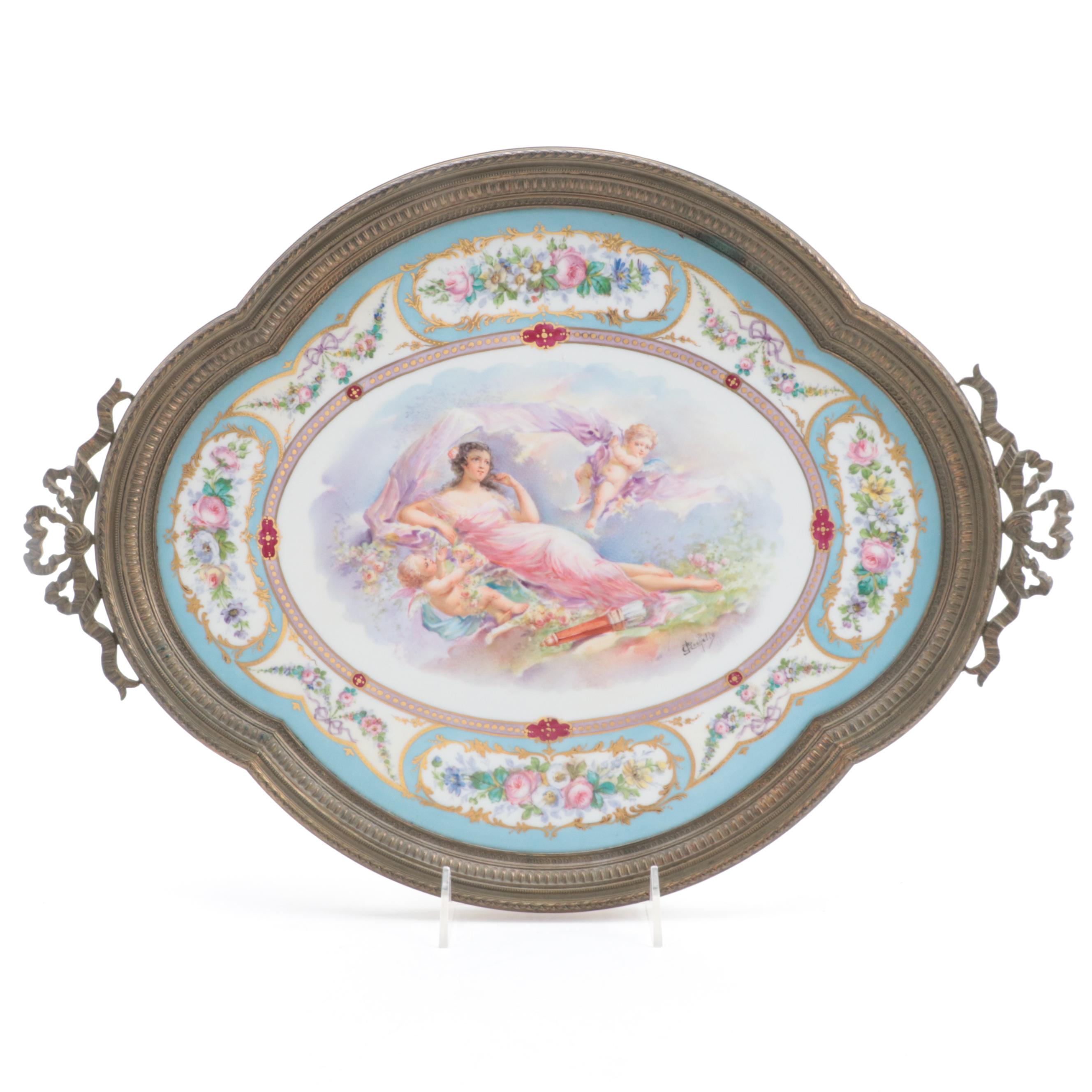 Sèvres Gilt Metal Mounted Bleu Céleste Hand-Painted Porcelain Tray