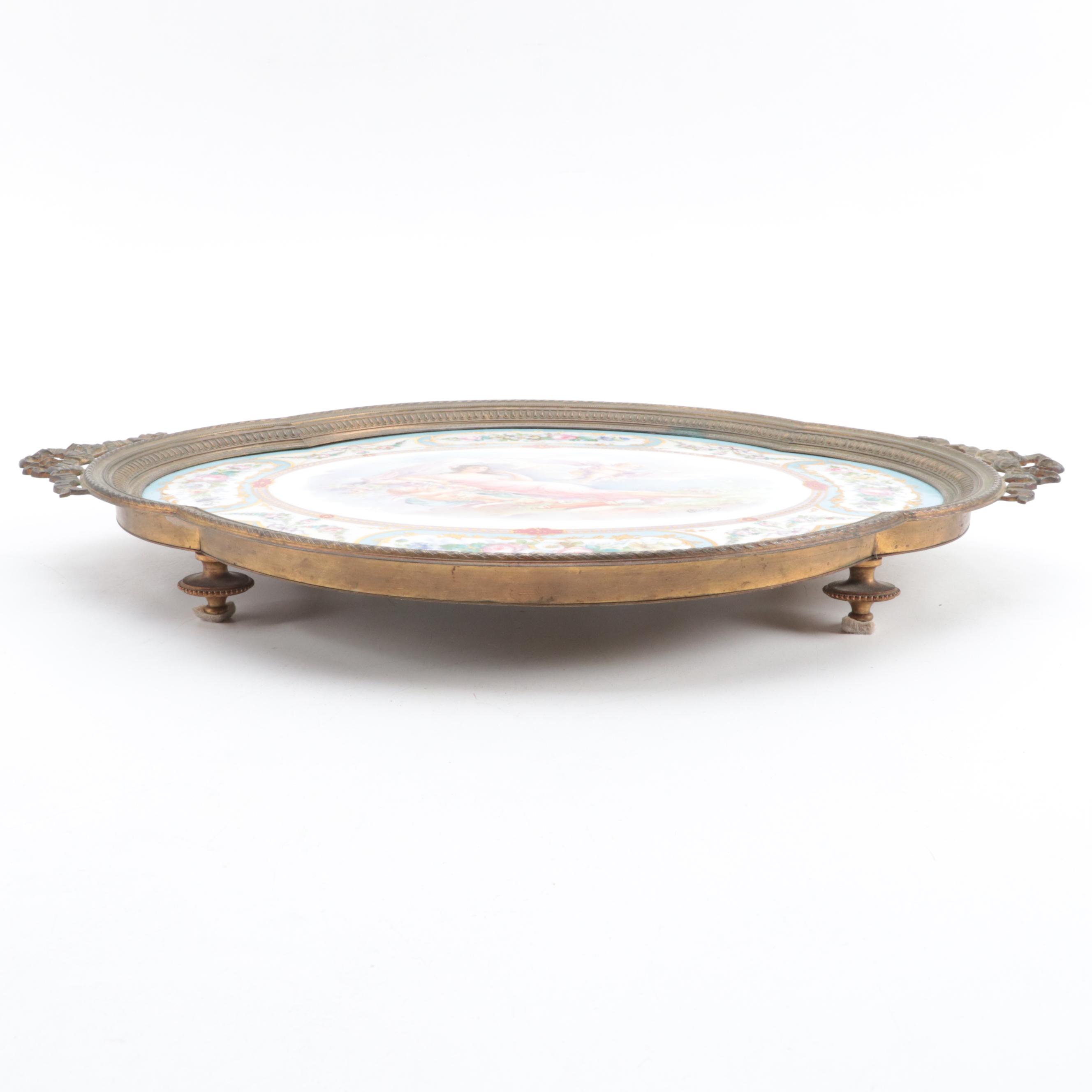 Sèvres Gilt Metal Mounted Bleu Céleste Hand-Painted Porcelain Tray