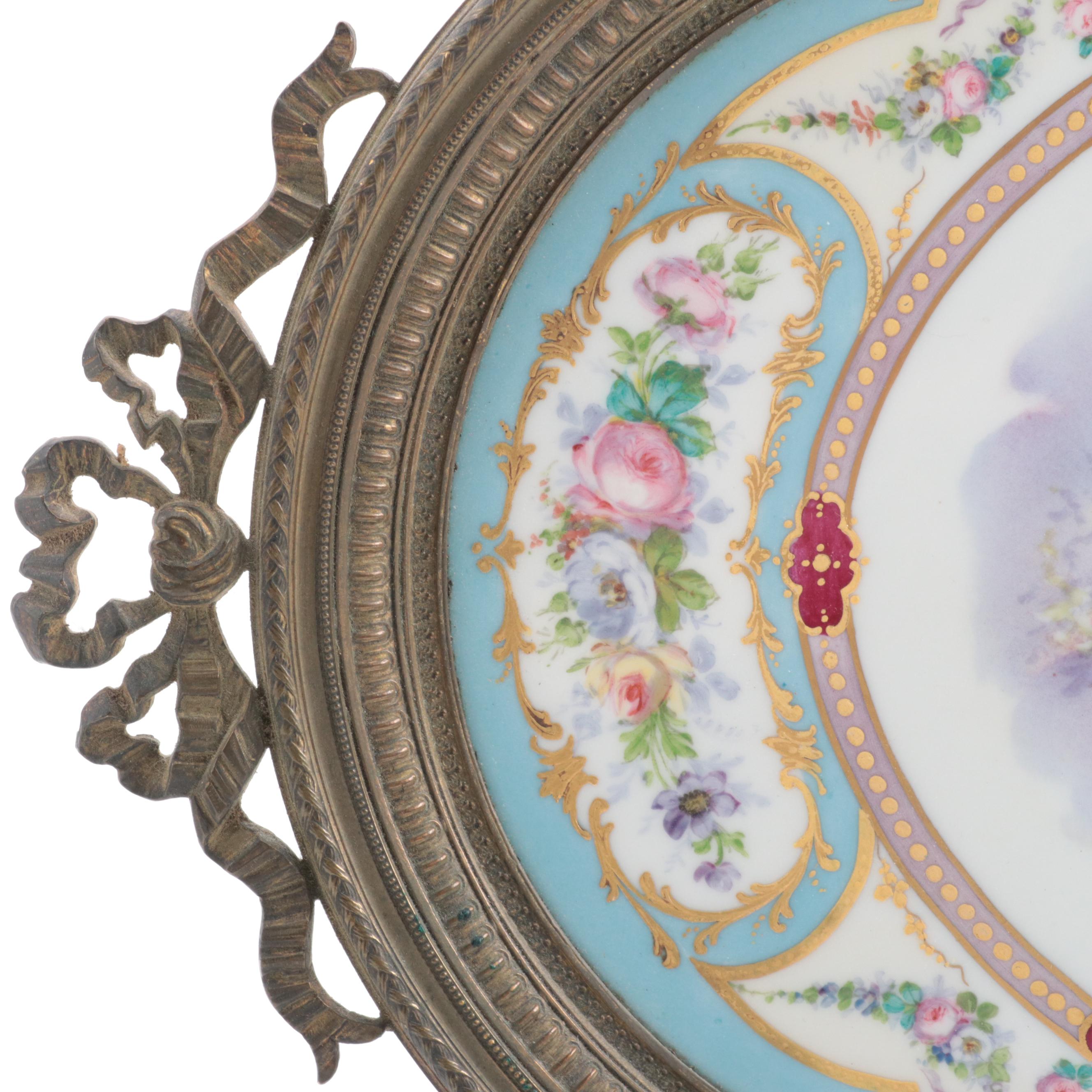 Sèvres Gilt Metal Mounted Bleu Céleste Hand-Painted Porcelain Tray
