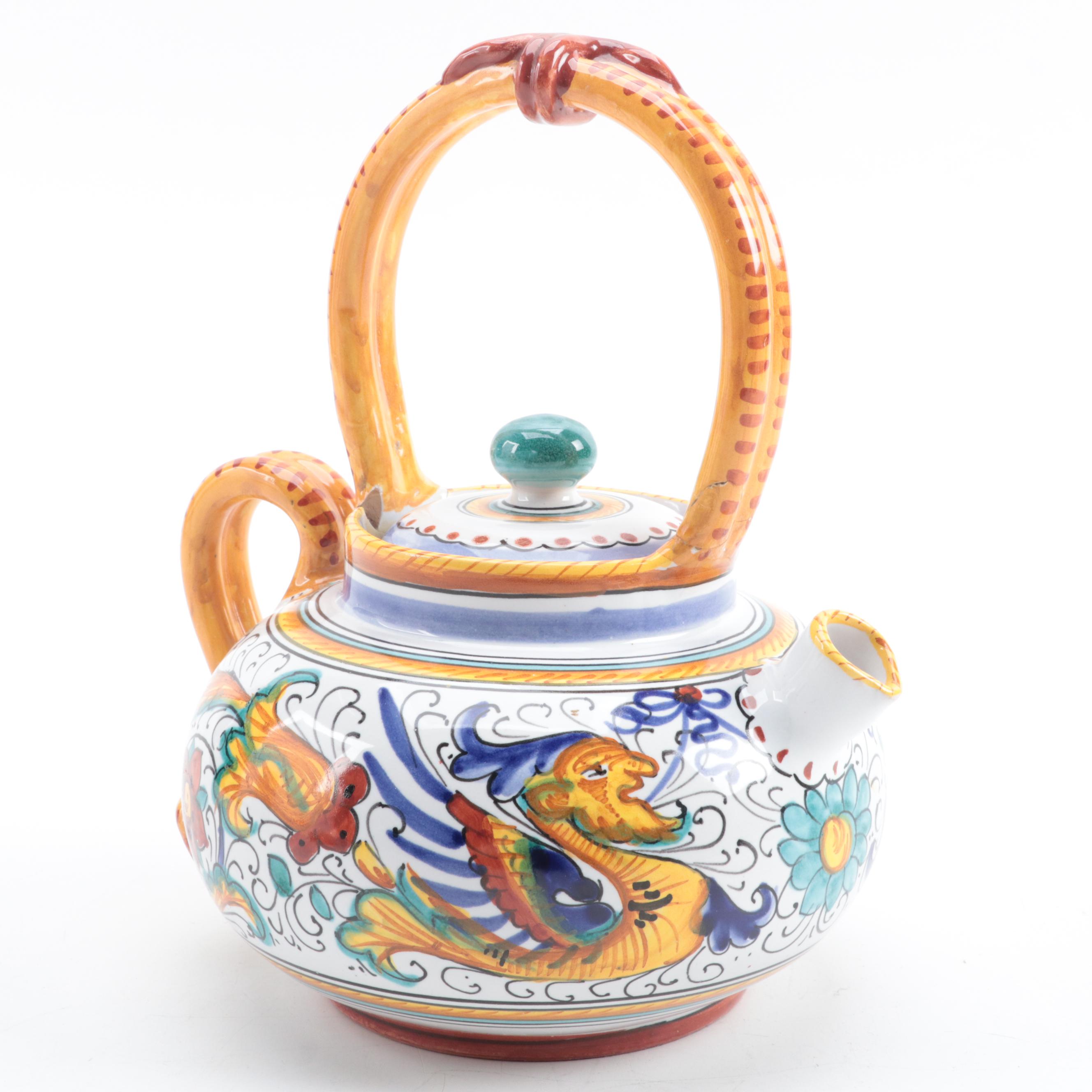 Italian Detura Majolica Teapot and Canoe