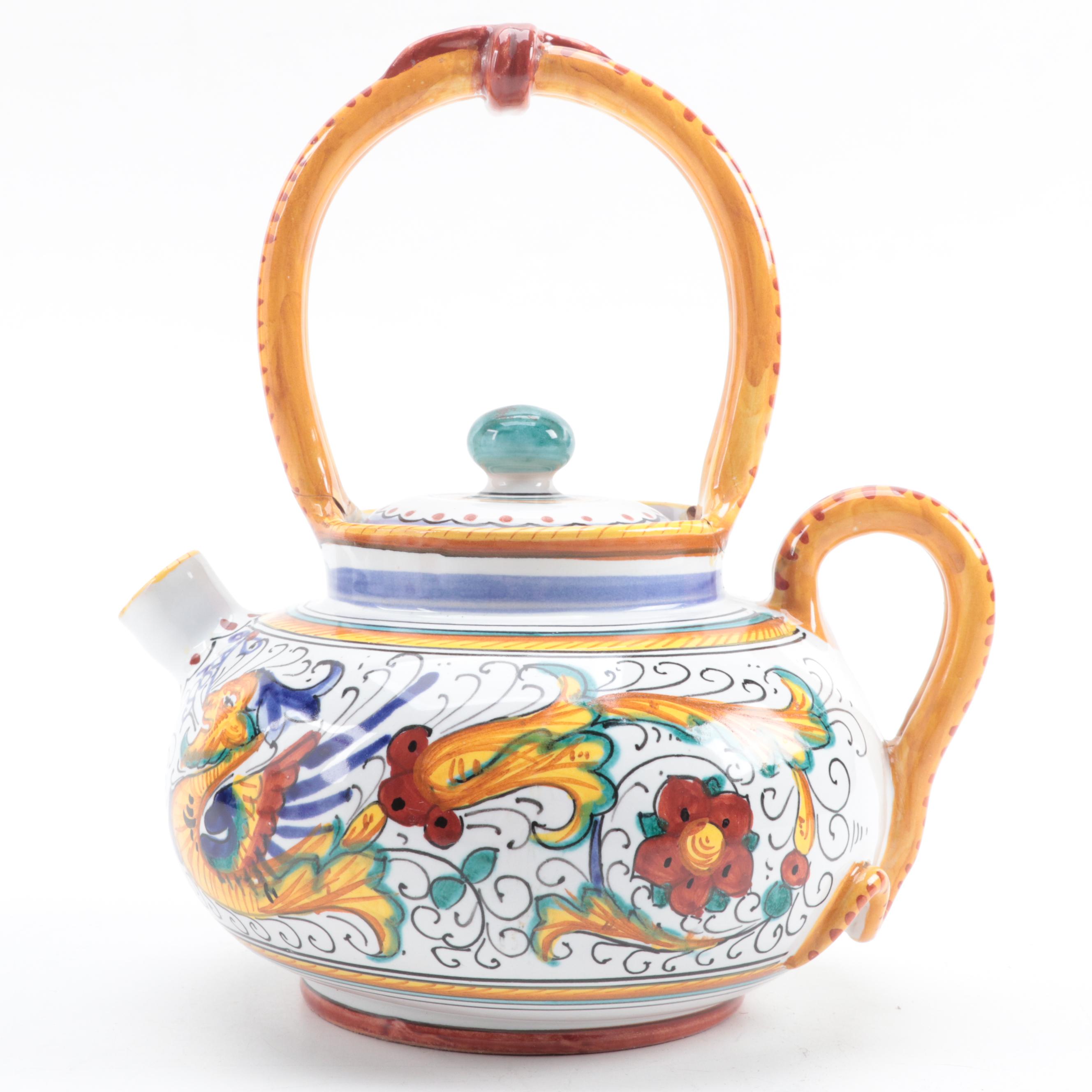 Italian Detura Majolica Teapot and Canoe