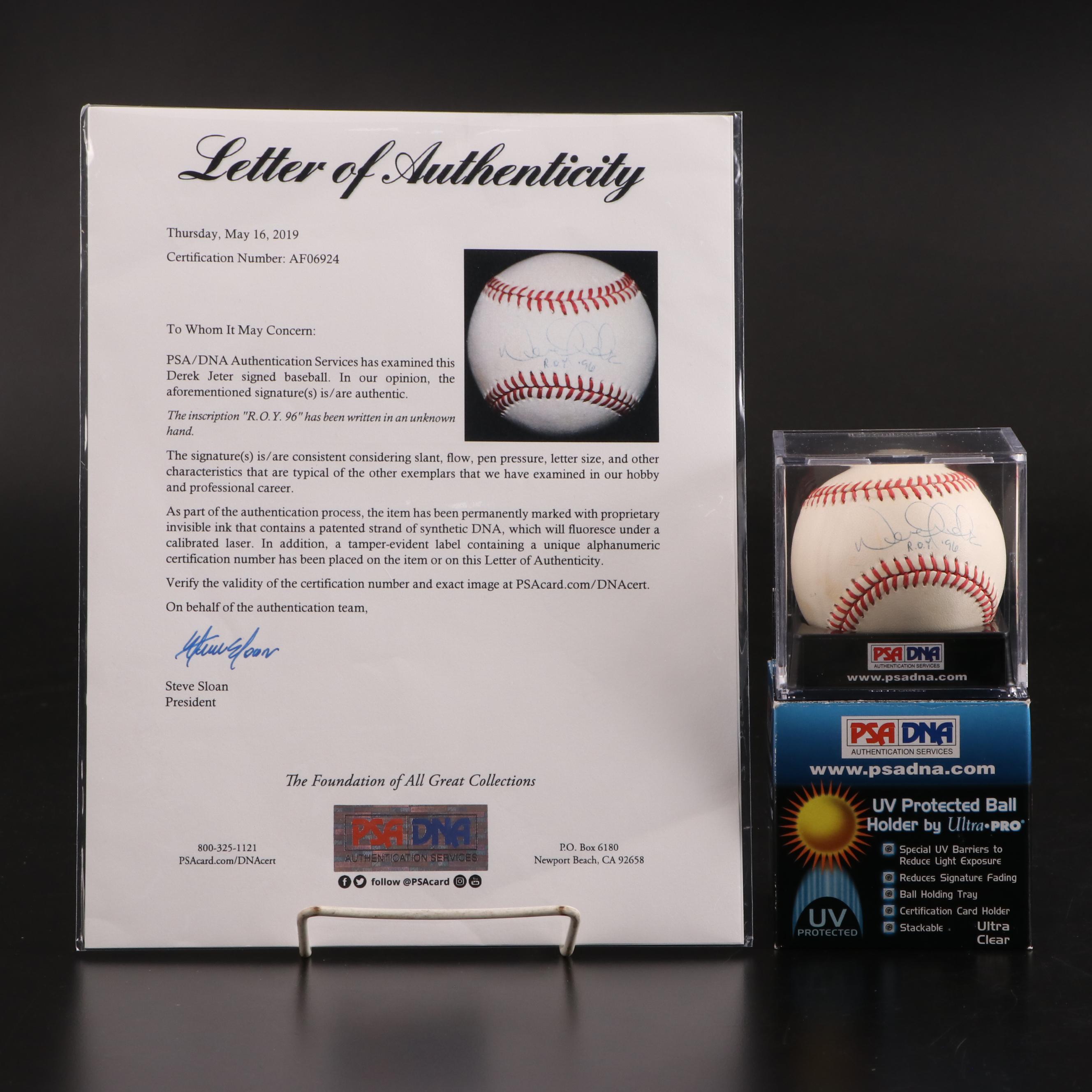 Derek Jeter Signed Rookie of the Year 1996 Rawlings American League Baseball