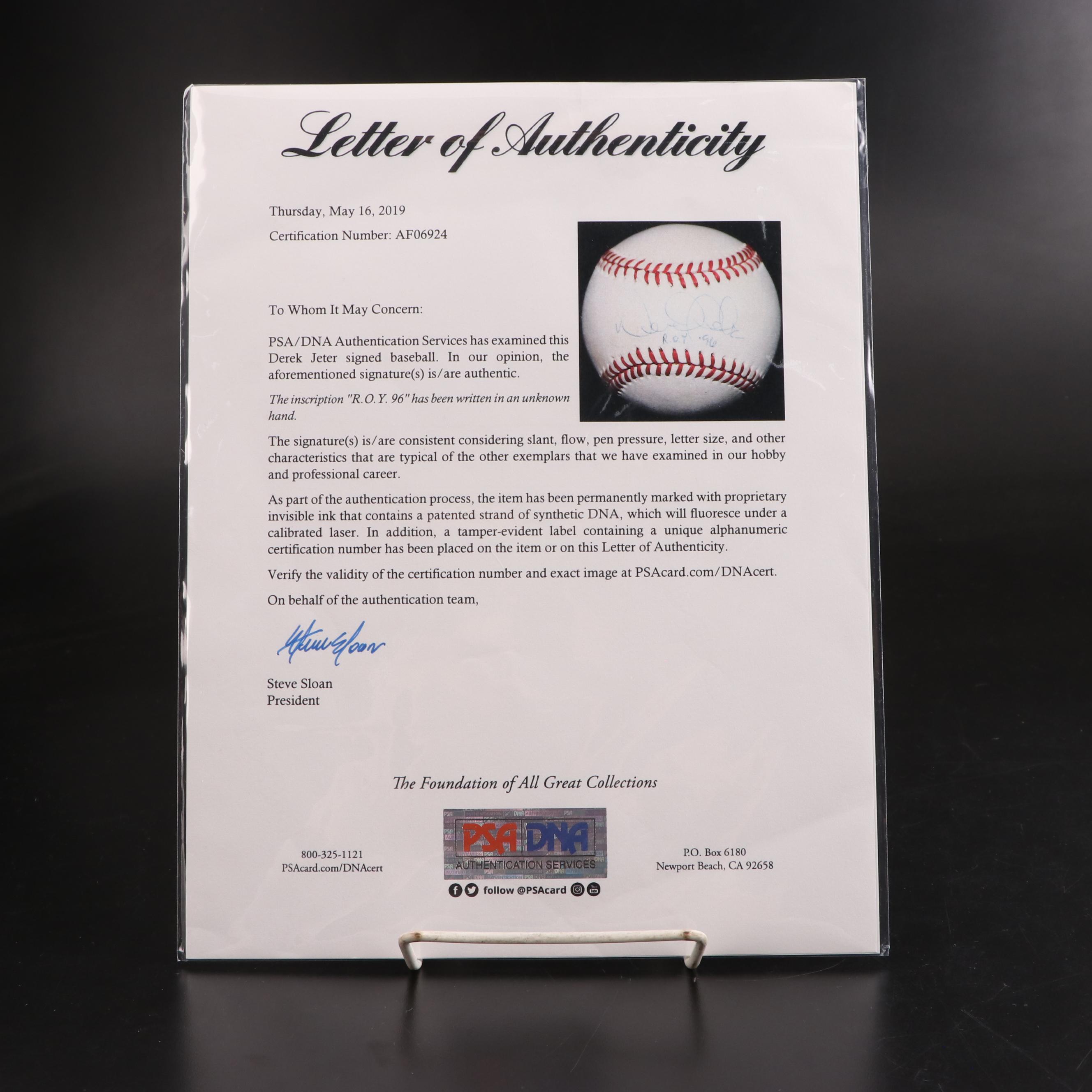 Derek Jeter Signed Rookie of the Year 1996 Rawlings American League Baseball