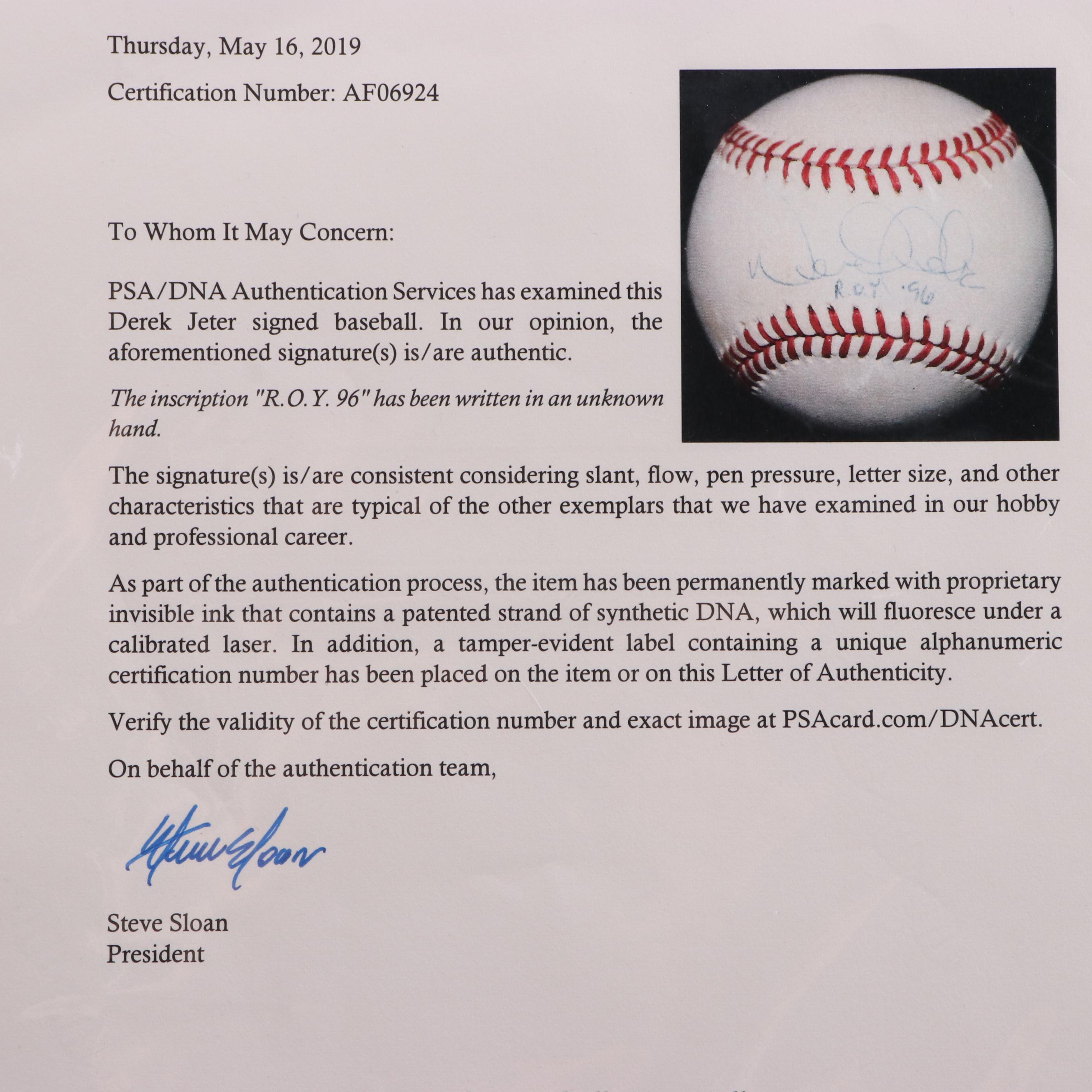 Derek Jeter Signed Rookie of the Year 1996 Rawlings American League Baseball