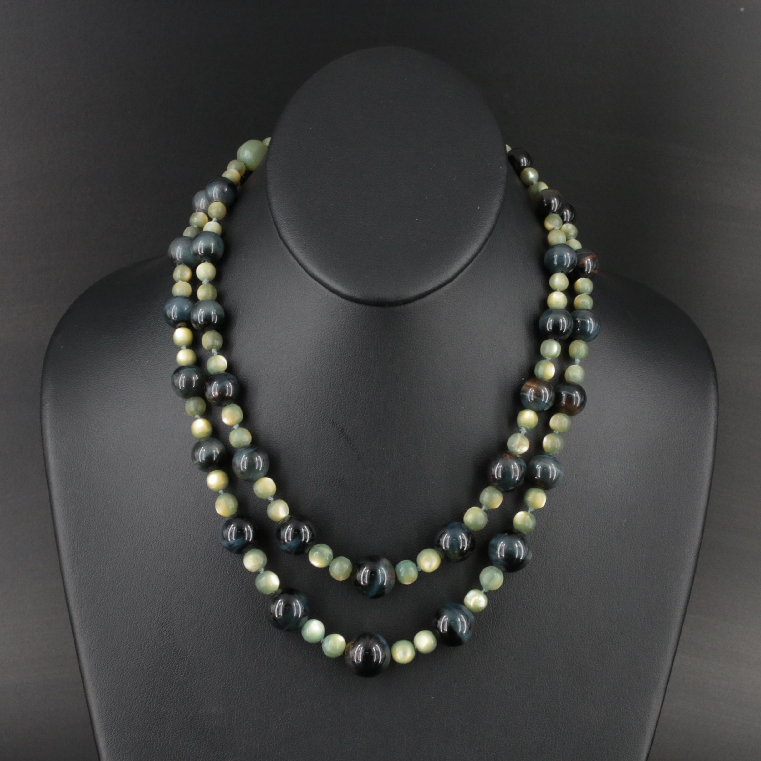 Cat's Eye, Tiger's Eye and Mother-of-Pearl Double Strand Necklace