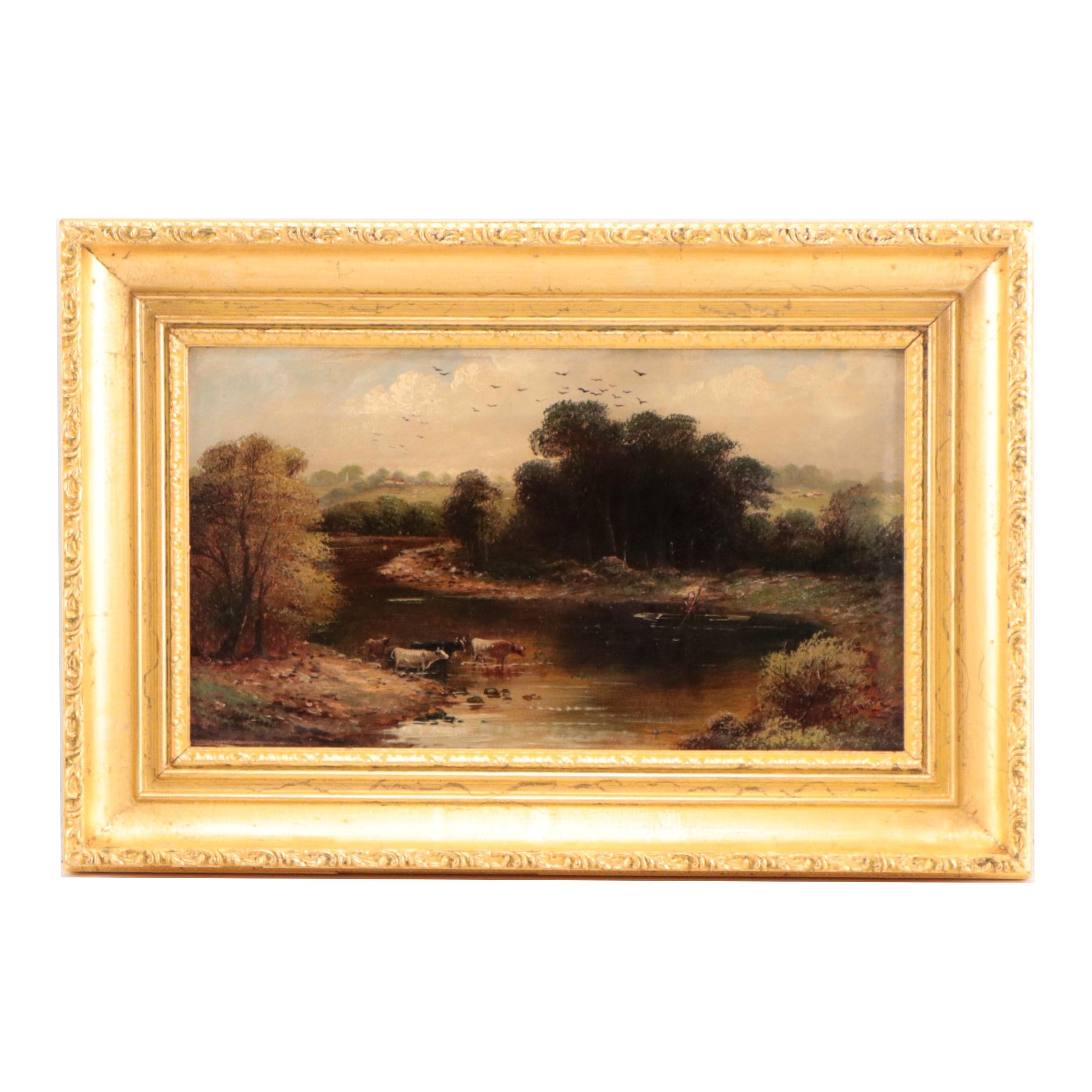 J. Morris Pastoral Landscape with Livestock Oil Painting, 19th Century