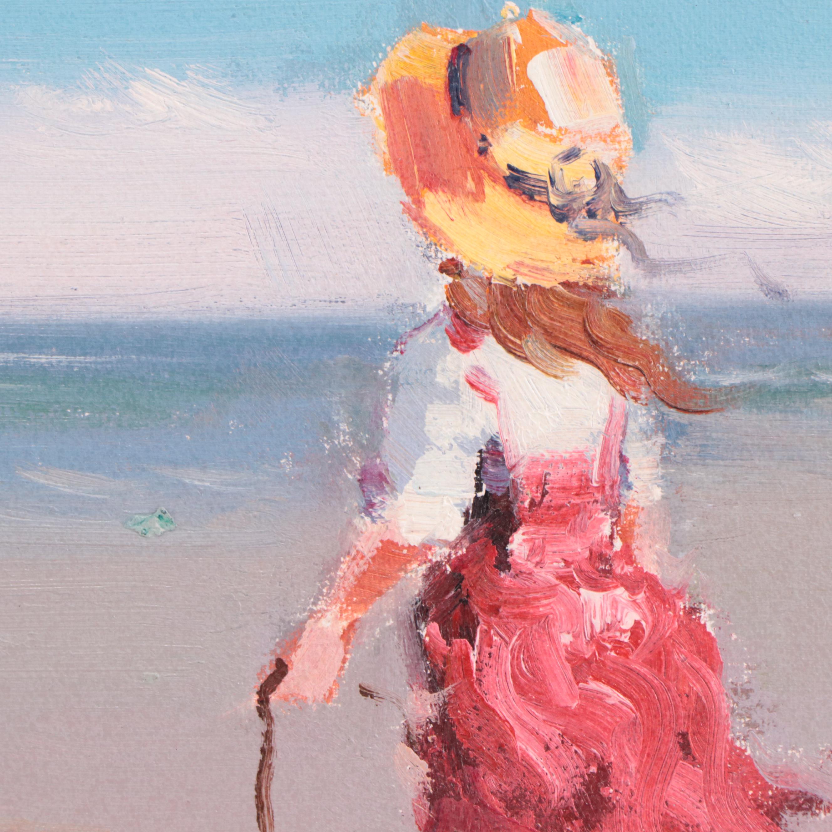 Beachscape Oil Painting of Children Playing, 21st Century