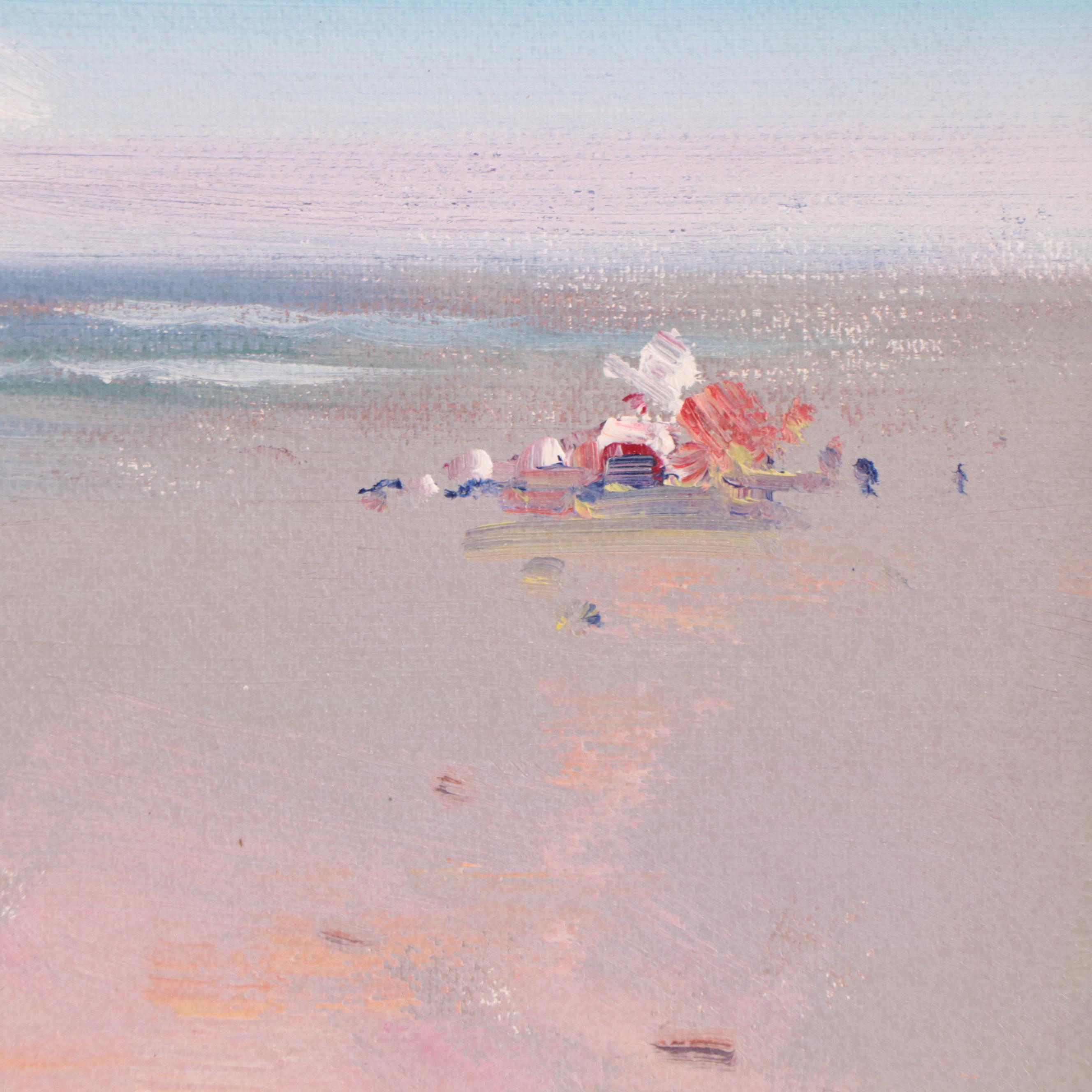 Beachscape Oil Painting of Children Playing, 21st Century