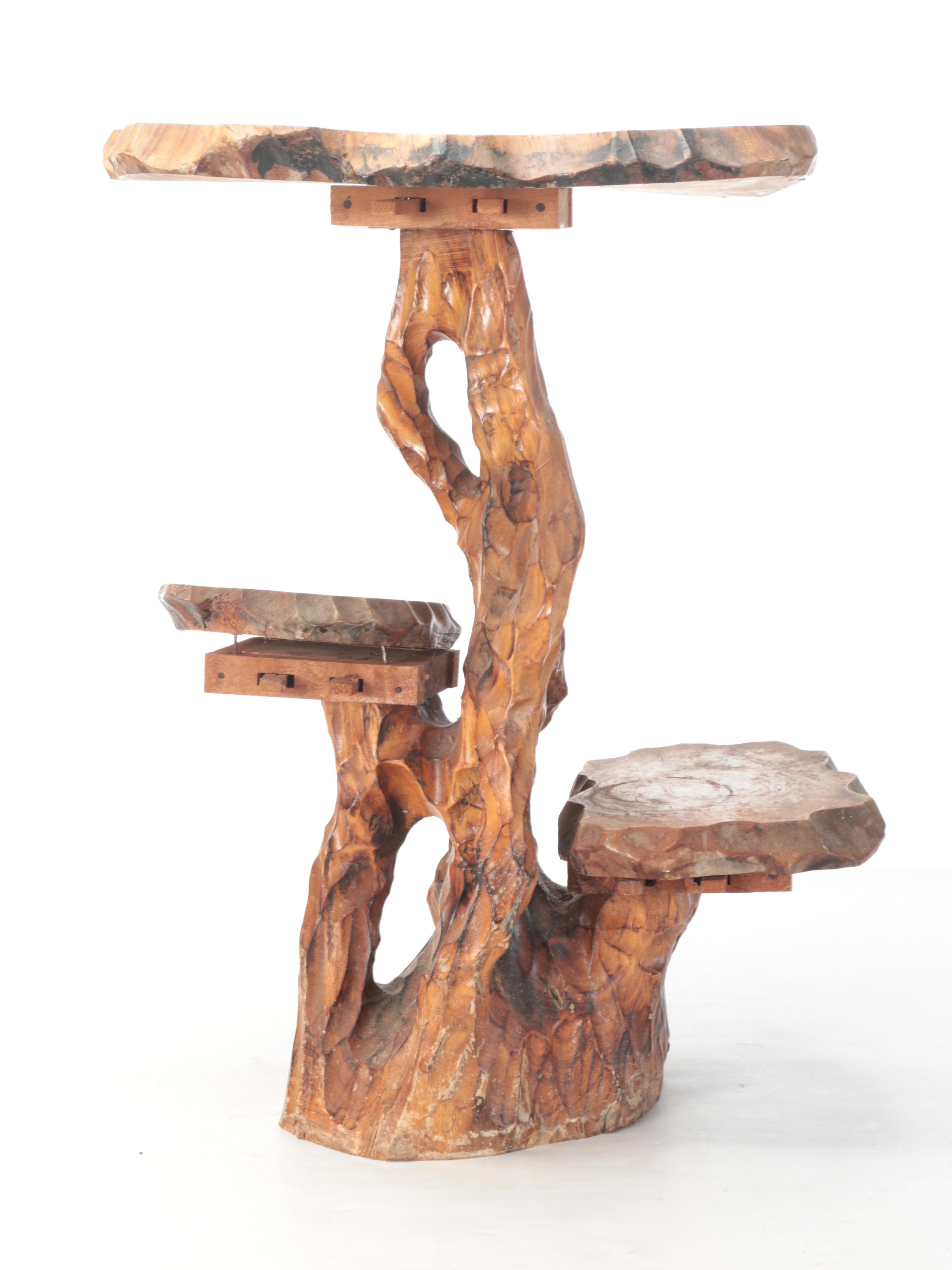 Hand-Made Carved Log Wooden Tiered Side Table